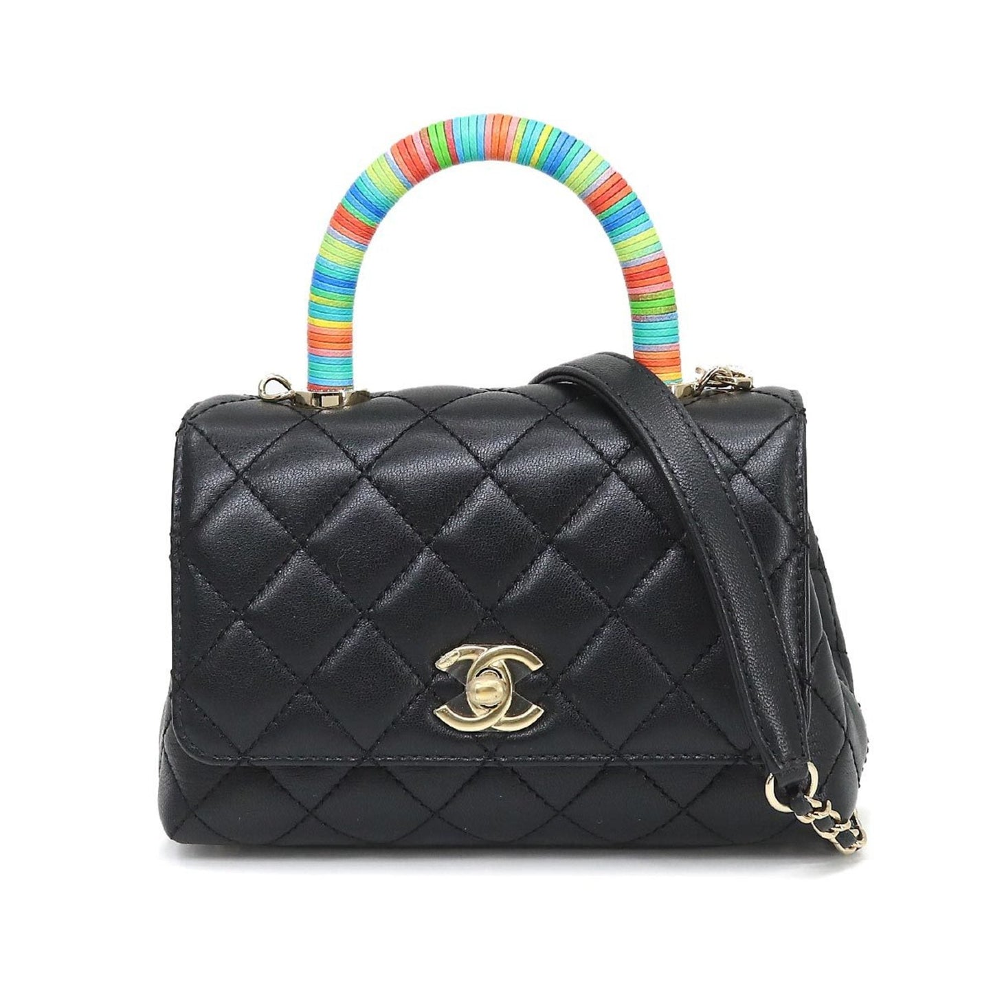 Luxury Chanel here handle matelasse 2way hand shoulder bag leather black rainbow AS2215 Matelasse Bag