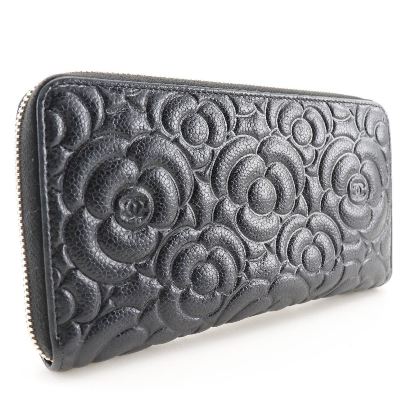 Luxury Chanel Camellia Emboss Cocomark A82281 Matte Caviar Skin Black Women's Long Wallet