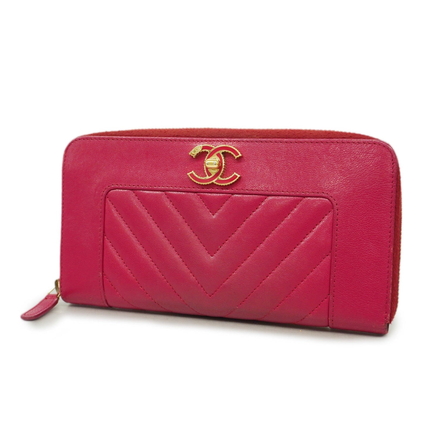 Luxury Chanel  V-stitch Gold Hardware Women's Lambskin Long Wallet [bi-fold] Pink