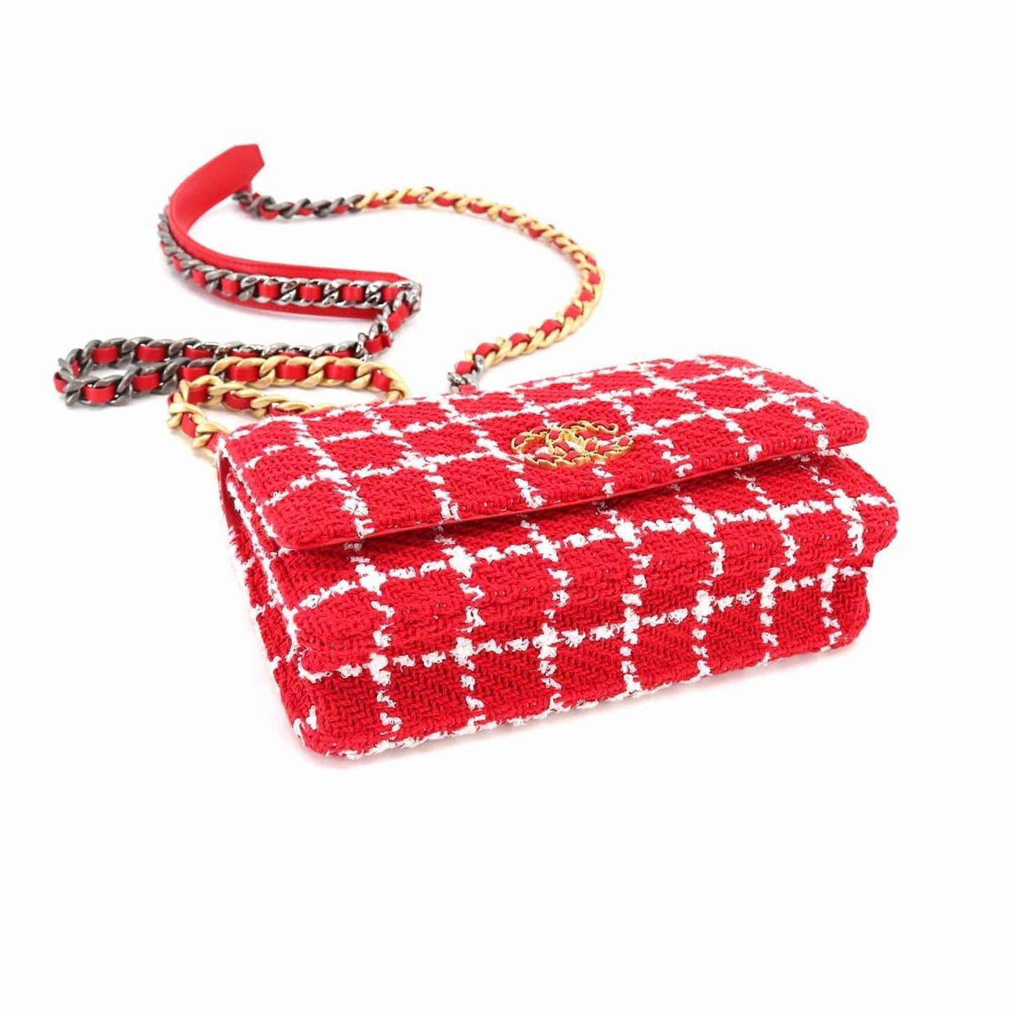 Luxury Chanel 19 Chain Wallet Long Tweed Leather Red White Check AP3267