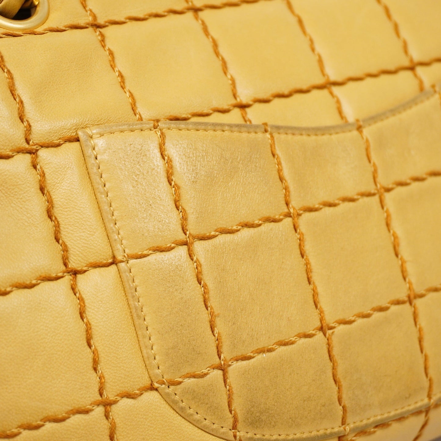 CHANEL  Chocolate Bar Shoulder Bag Wild Stitch W Chain Women's Bag Beige
