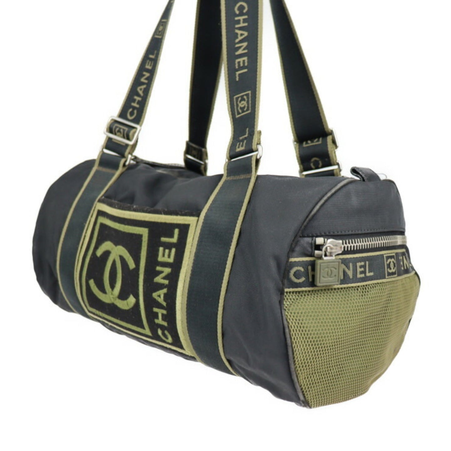 Luxury Chanel Sport Line Boston Bag Nylon Canvas Black Khaki Green Shoulder Travel Cocomark 10 Series Round Cylindrical