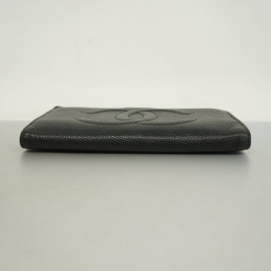 CHANEL[3cc2399]   long wallet caviar skin black gold metal