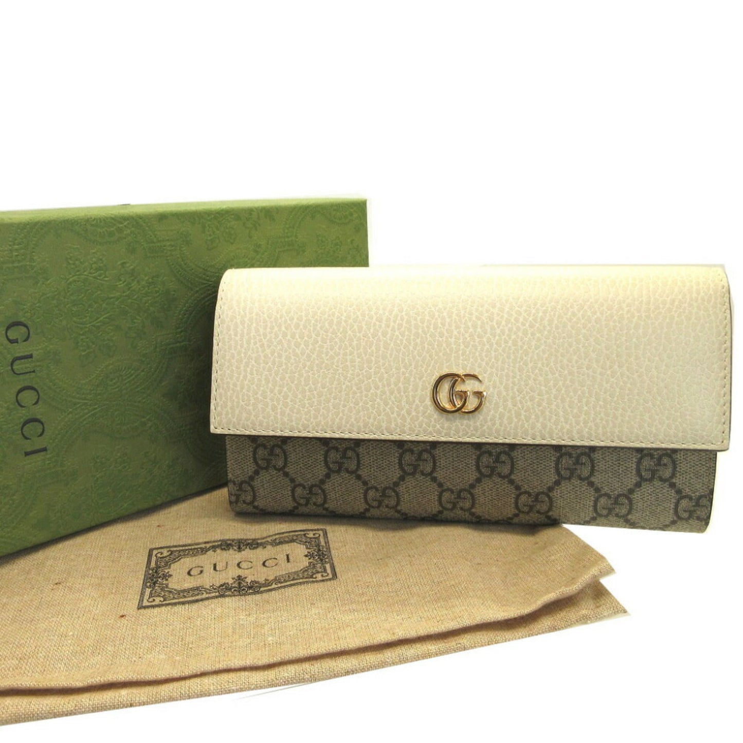 Luxury Gucci GG Marmont 456116 Continental Supreme Leather Beige Ivory Bifold Long Wallet