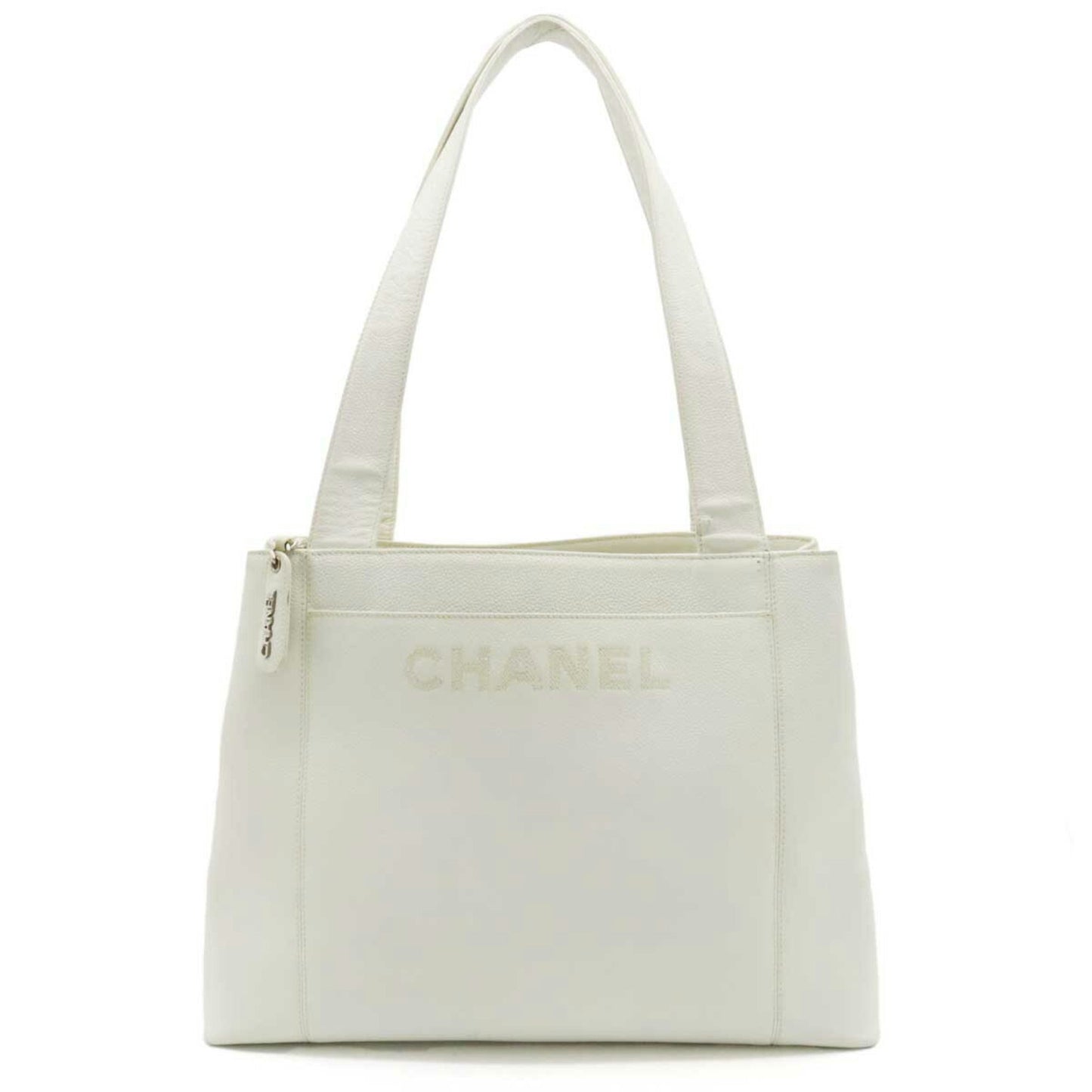 Luxury Chanel tote bag shoulder caviar skin leather white