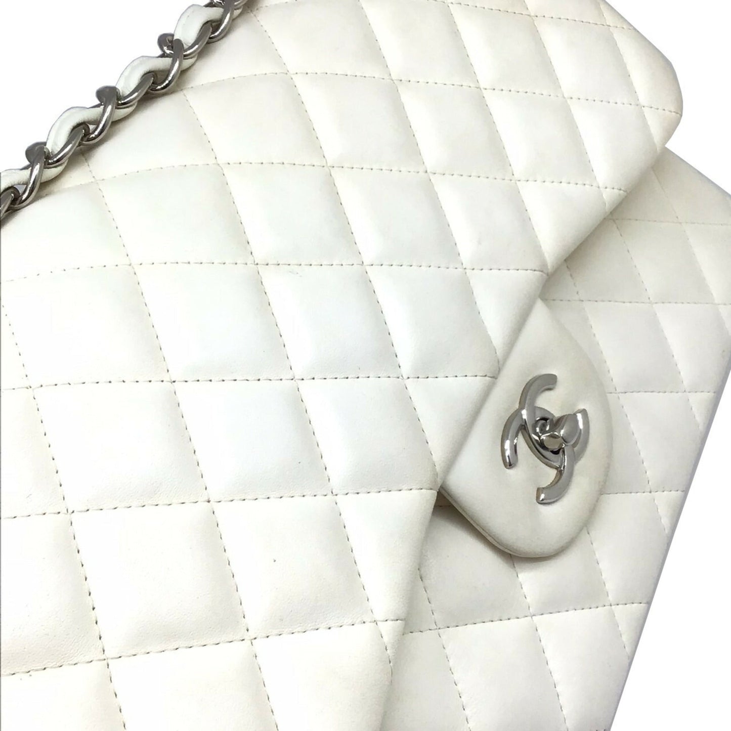 CHANEL Matelasse Deka 30 White Lambskin Silver Hardware Chain Shoulder Double Flap Women's
