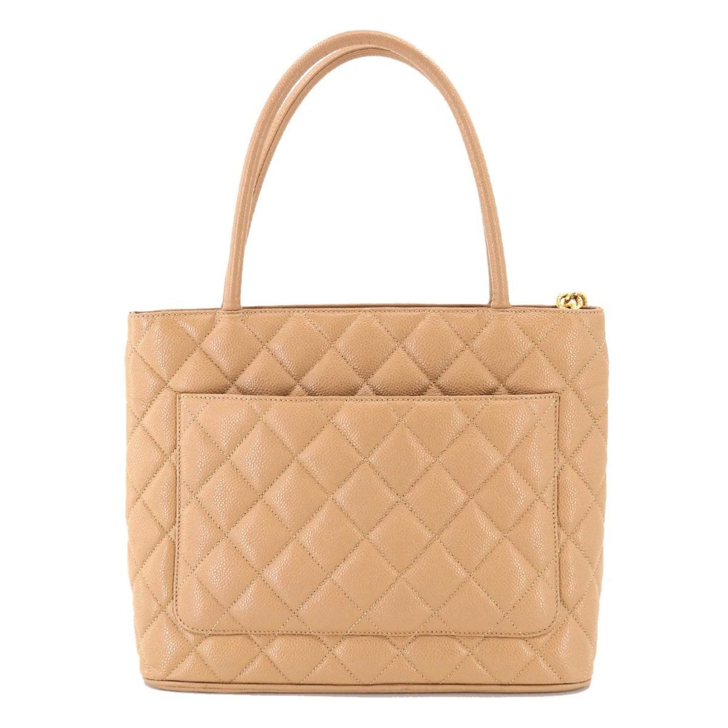 Luxury Chanel Reproduction Tote Bag Caviar Skin Beige A01804 Gold Hardware Vintage Medallion