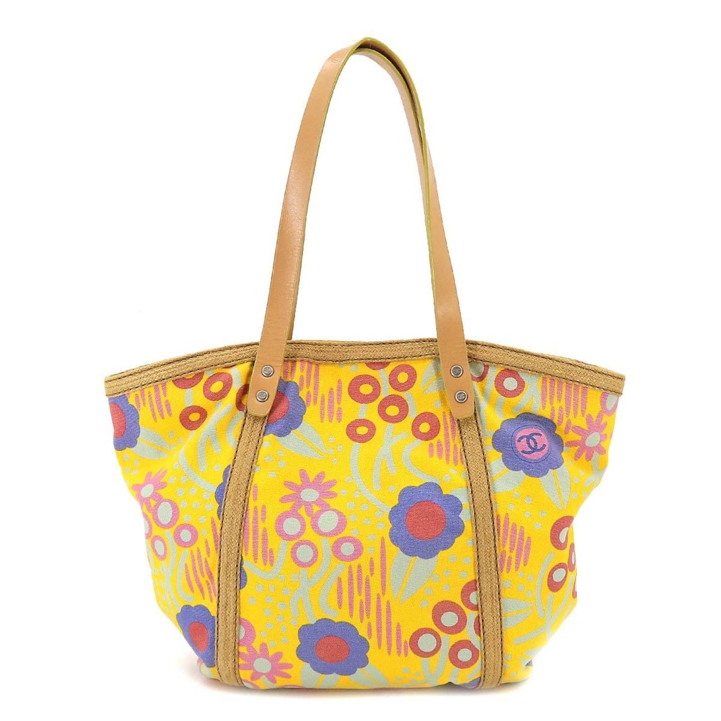 Luxury Chanel high summer flower print tote bag canvas leather yellow multicolor A22078 silver metal fittings Deauville MM
