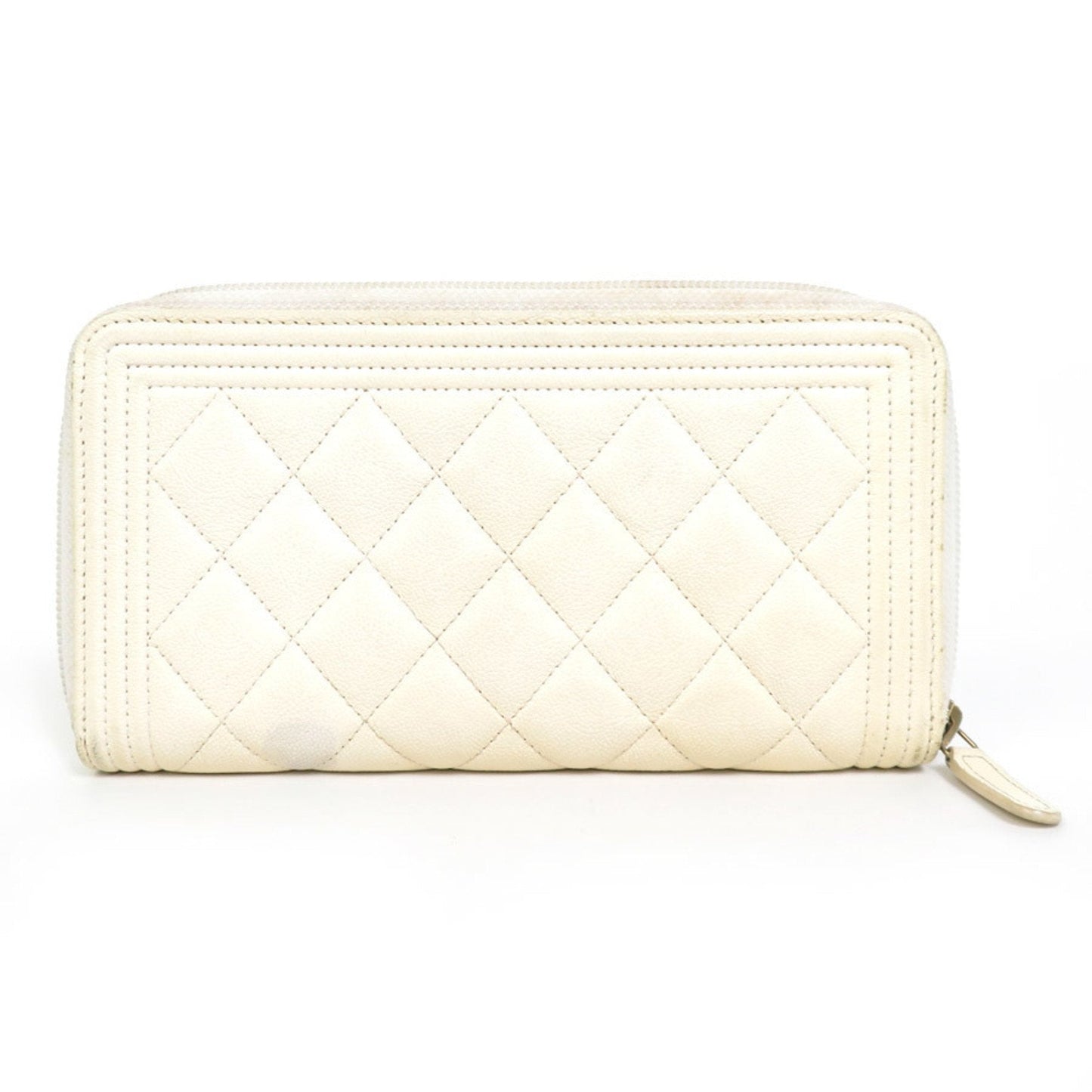 Luxury Chanel Round Zipper Long Wallet Boy Caviar Skin Leather Off-White Gold Women's e55885i