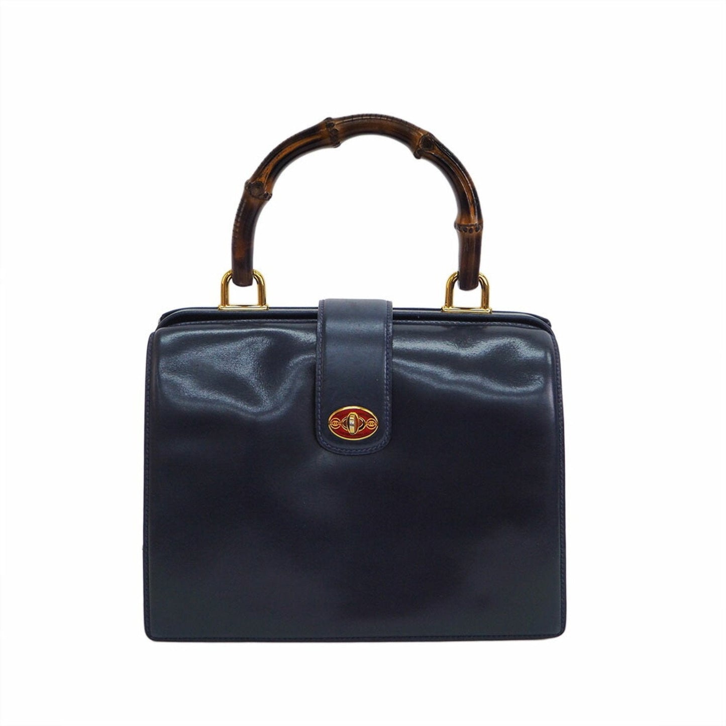 Luxury Gucci Old Bamboo Handbag Gold Crest Navy Leather Women's
