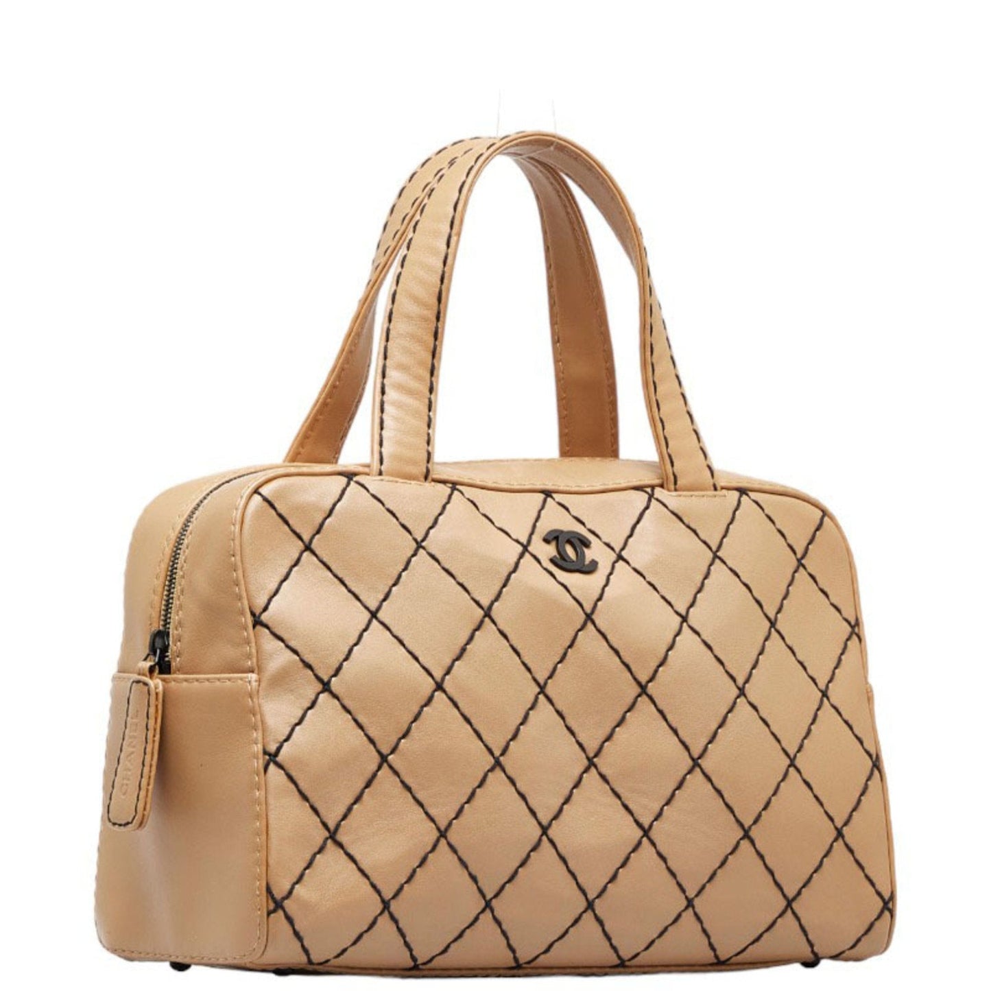 Luxury Chanel Wild Stitch Coco Mark Handbag Boston Bag Beige Black Leather Ladies