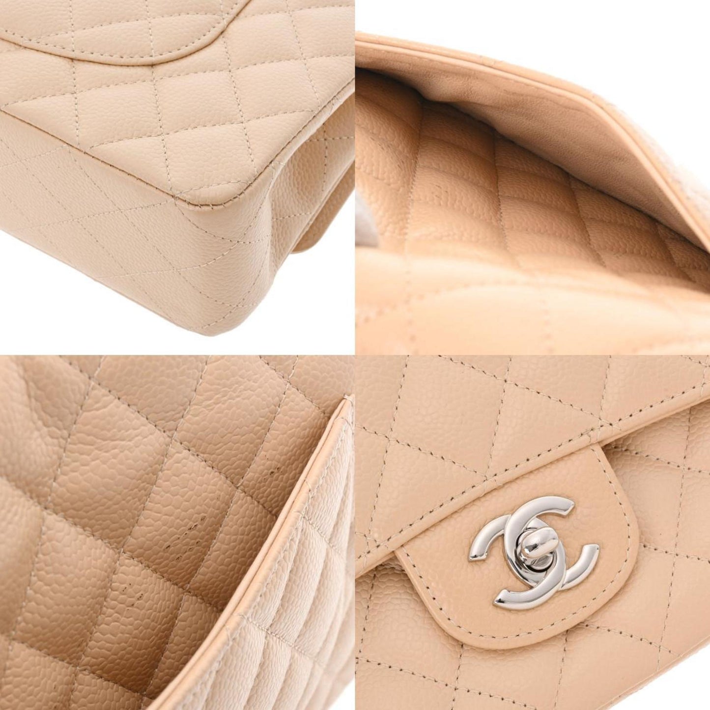 CHANEL matelasse W flap chain shoulder 25 beige A01112 ladies caviar skin bag