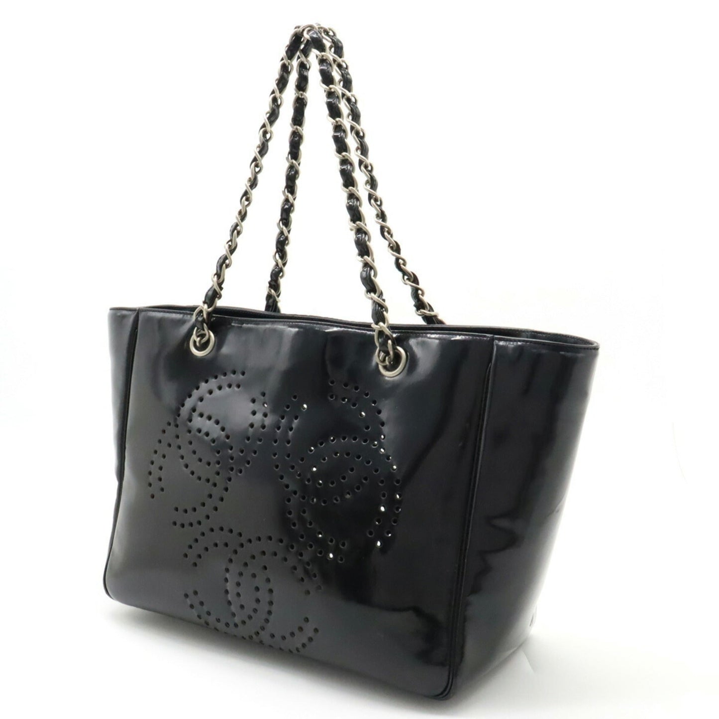Luxury Chanel Coco Mark Triple Punching Chain Shoulder Bag Tote Enamel Black