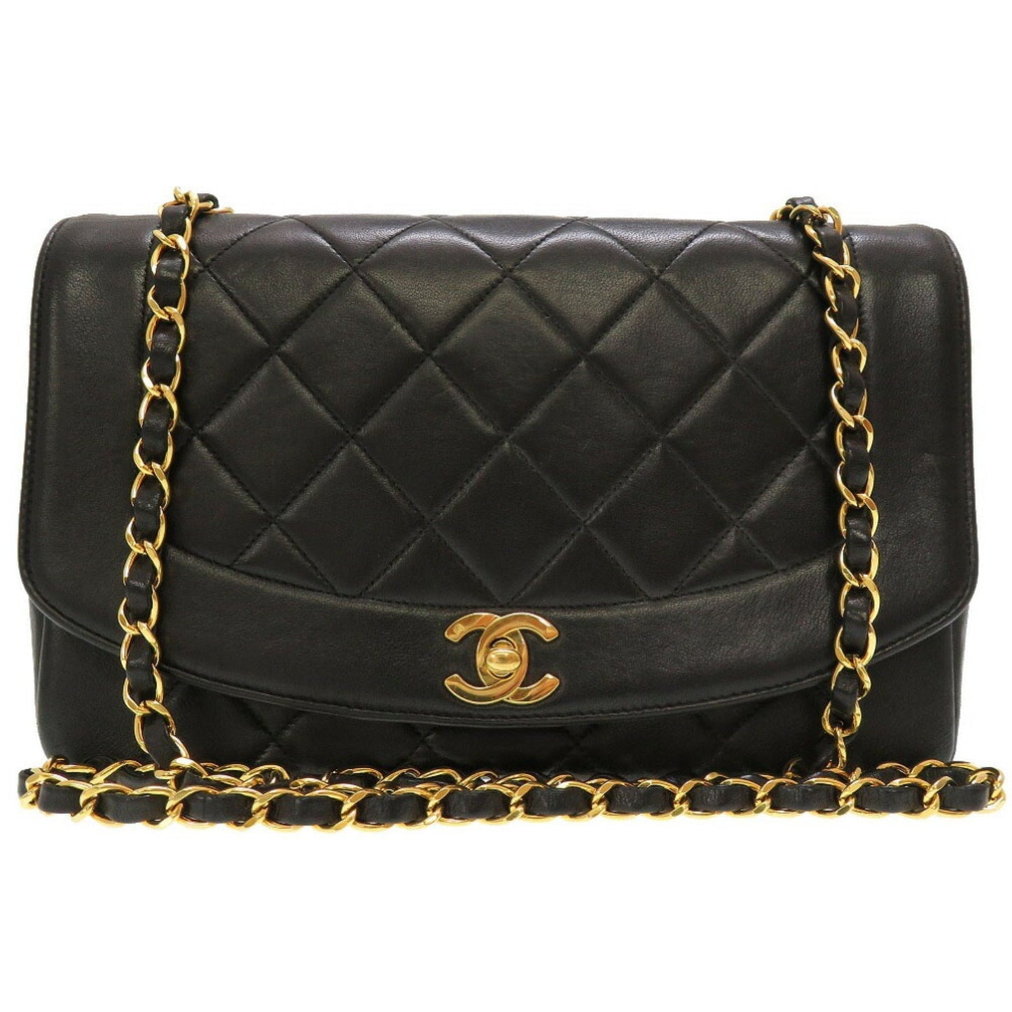Luxury Chanel Diana Matelasse 25 Lambskin Black Gold Chain Shoulder Bag Coco Mark