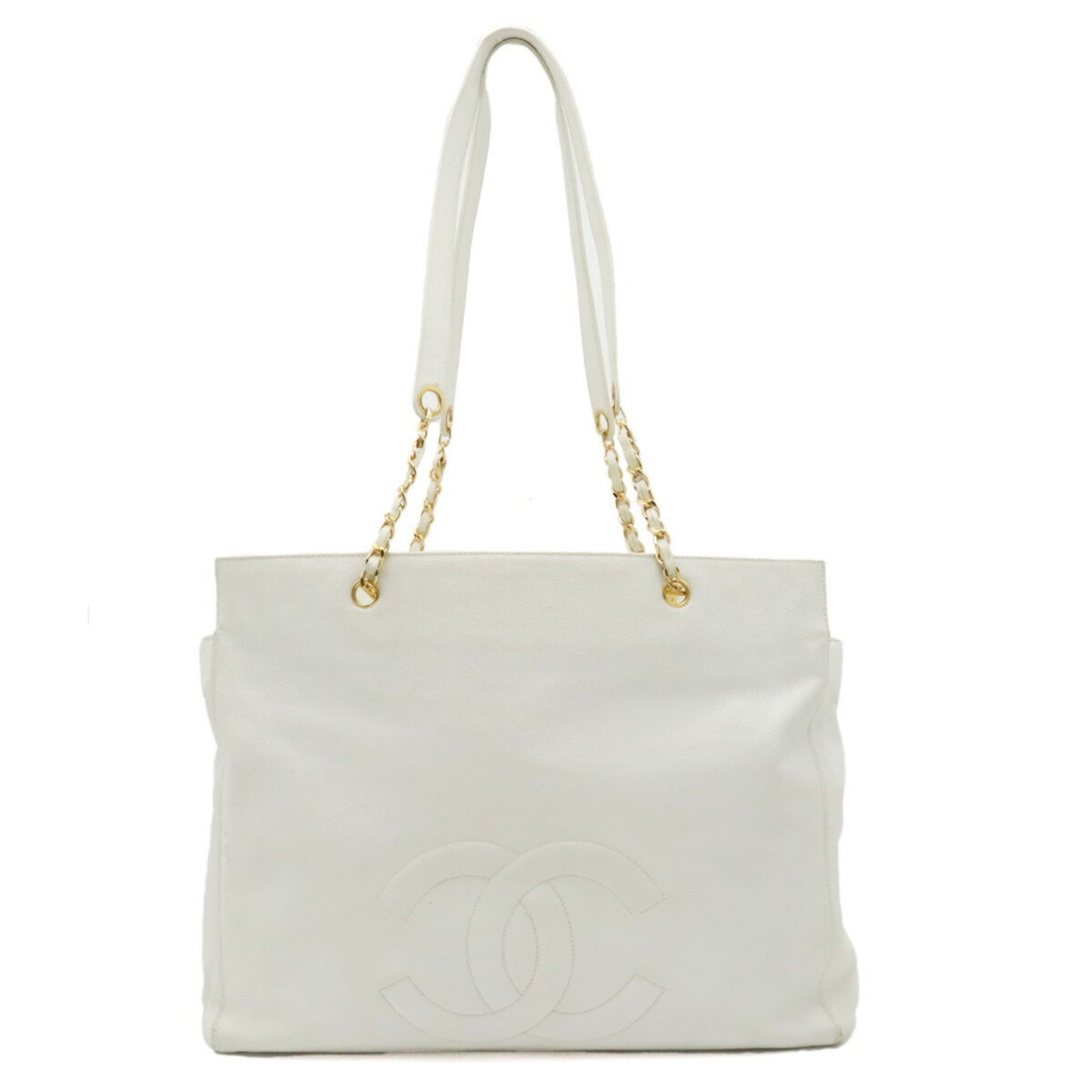 Luxury Chanel Caviar Skin Coco Mark Chain Tote Bag Shoulder Leather White