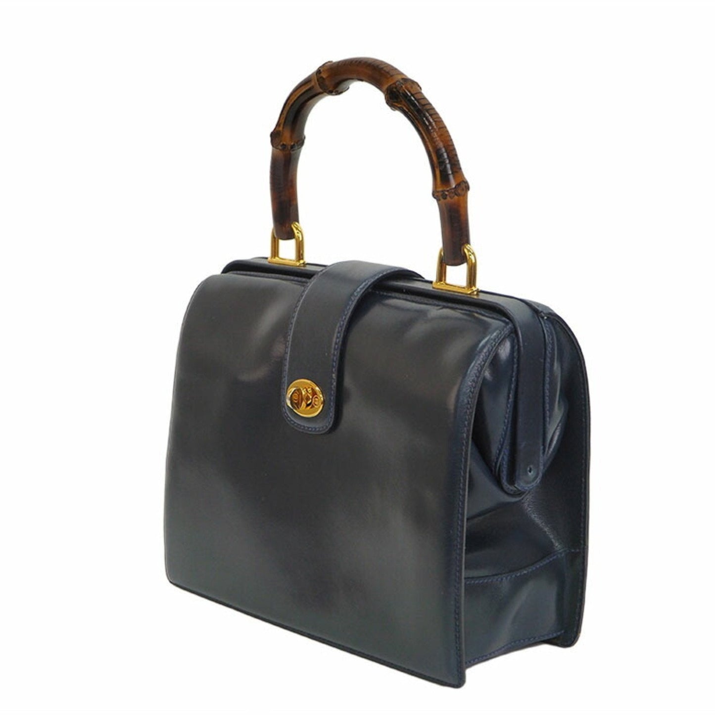 Luxury Gucci Old Bamboo Handbag Gold Crest Navy Leather Women's