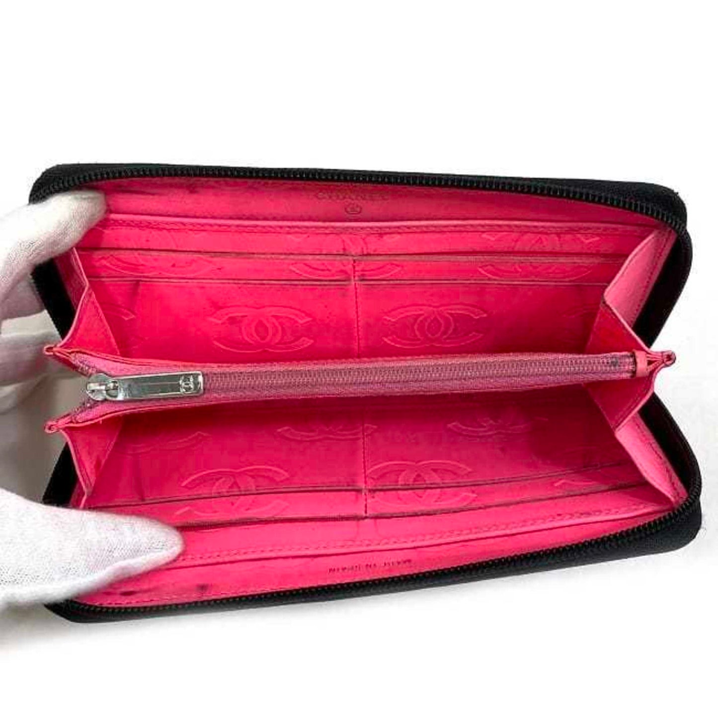 Luxury Chanel Round Long Wallet Black Pink Silver Cambon A50078 Cocomark Leather Lambskin 16th  Purse Women's