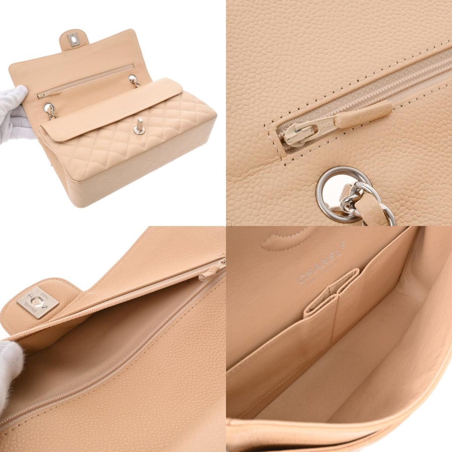 CHANEL matelasse W flap chain shoulder 25 beige A01112 ladies caviar skin bag