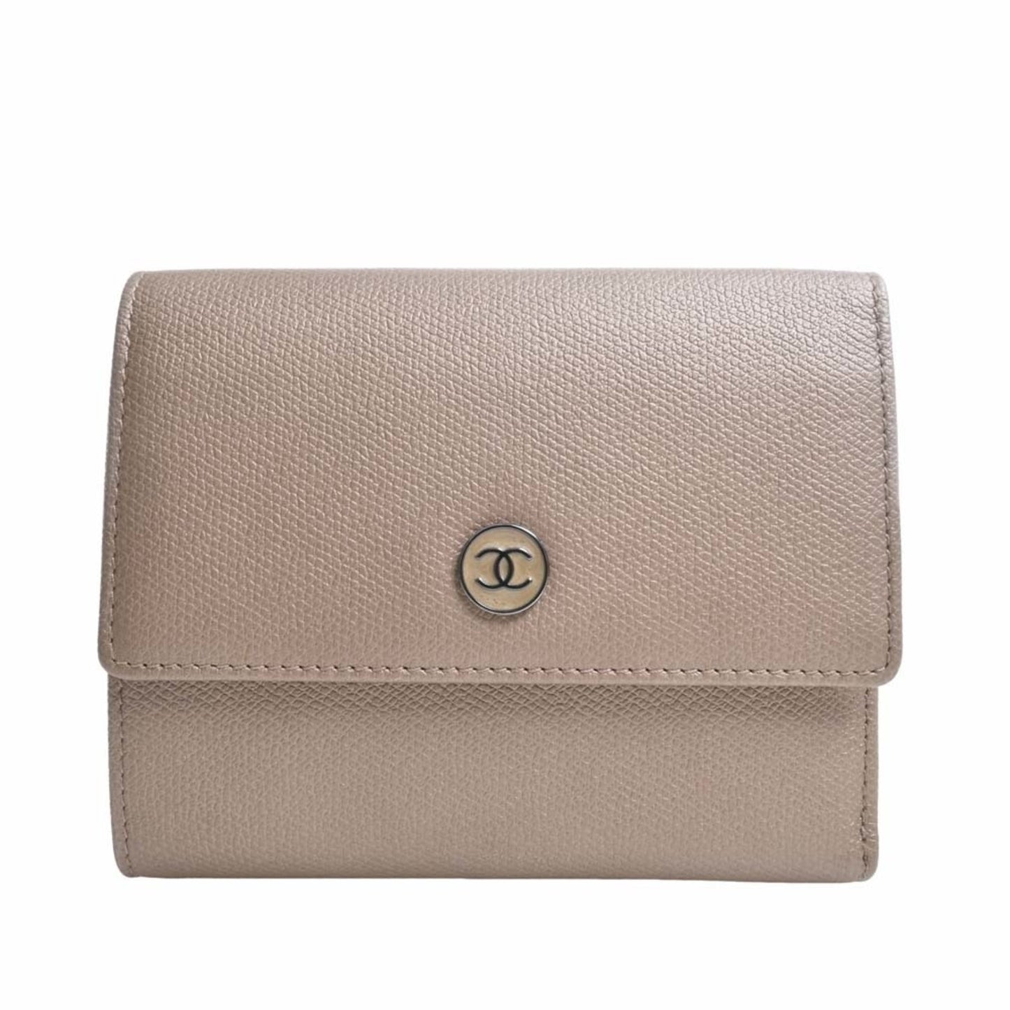 Luxury Chanel Leather Coco Button Trifold Wallet Beige Ladies