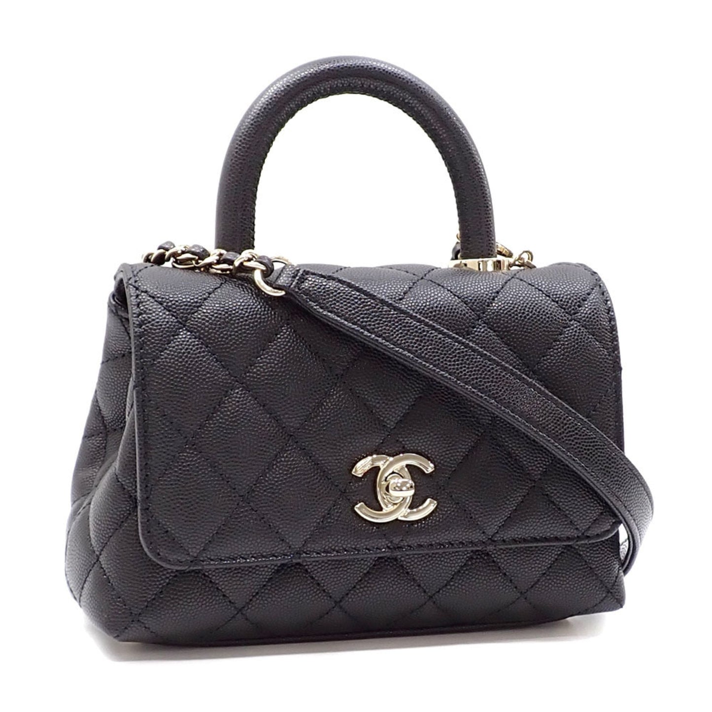 Luxury Chanel Handbag Matelasse Coco Handle XXS Women's Black Caviar Skin AS2215 Shoulder