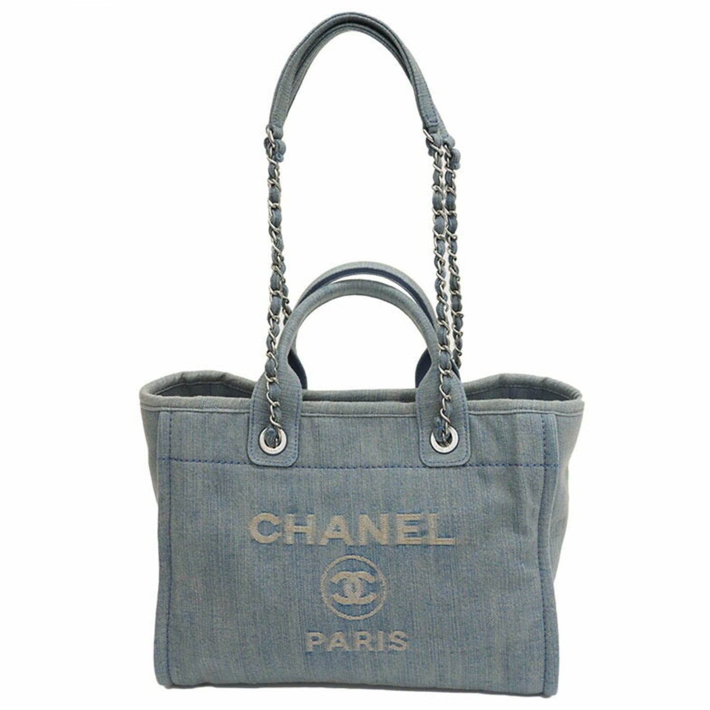 Luxury Chanel Denim Shopping Bag Tote Light Blue Deauville Women's