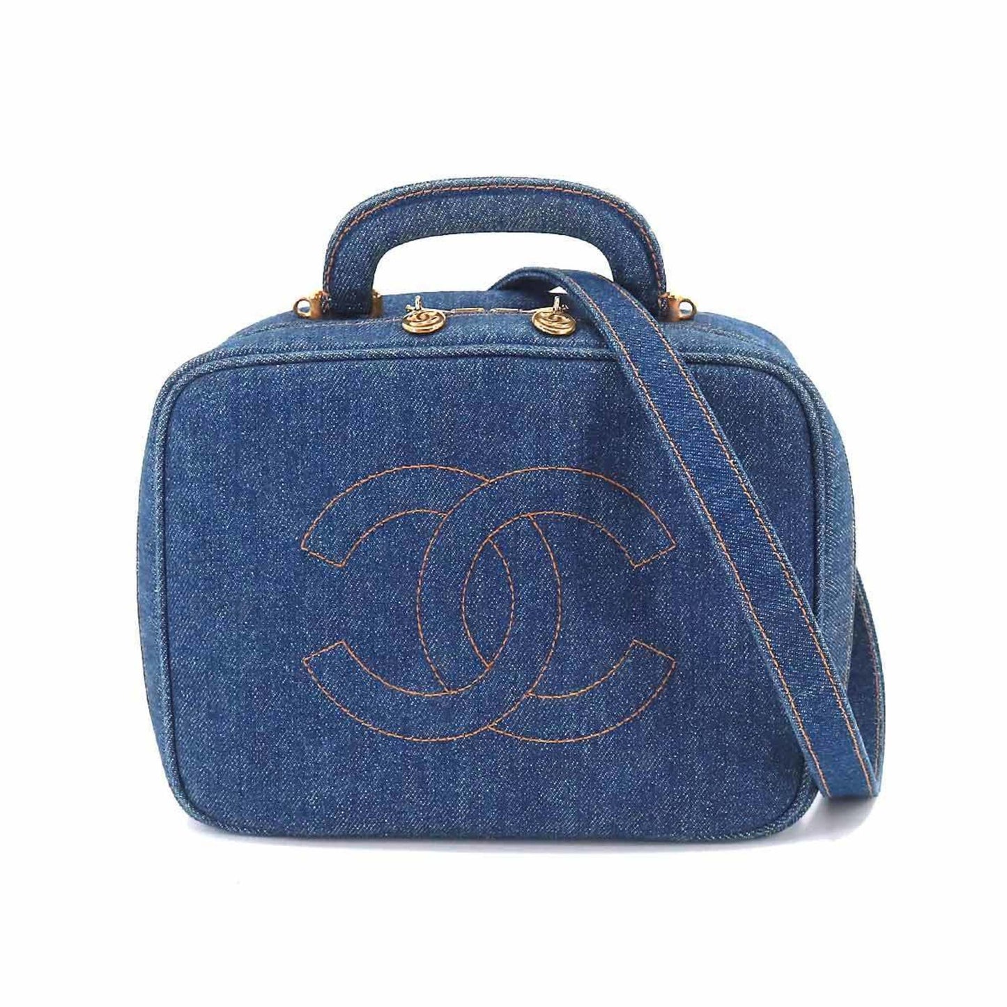 Luxury Chanel Vanity 2way Hand Shoulder Bag Denim Blue A07061 Gold Metal Fittings Vintage