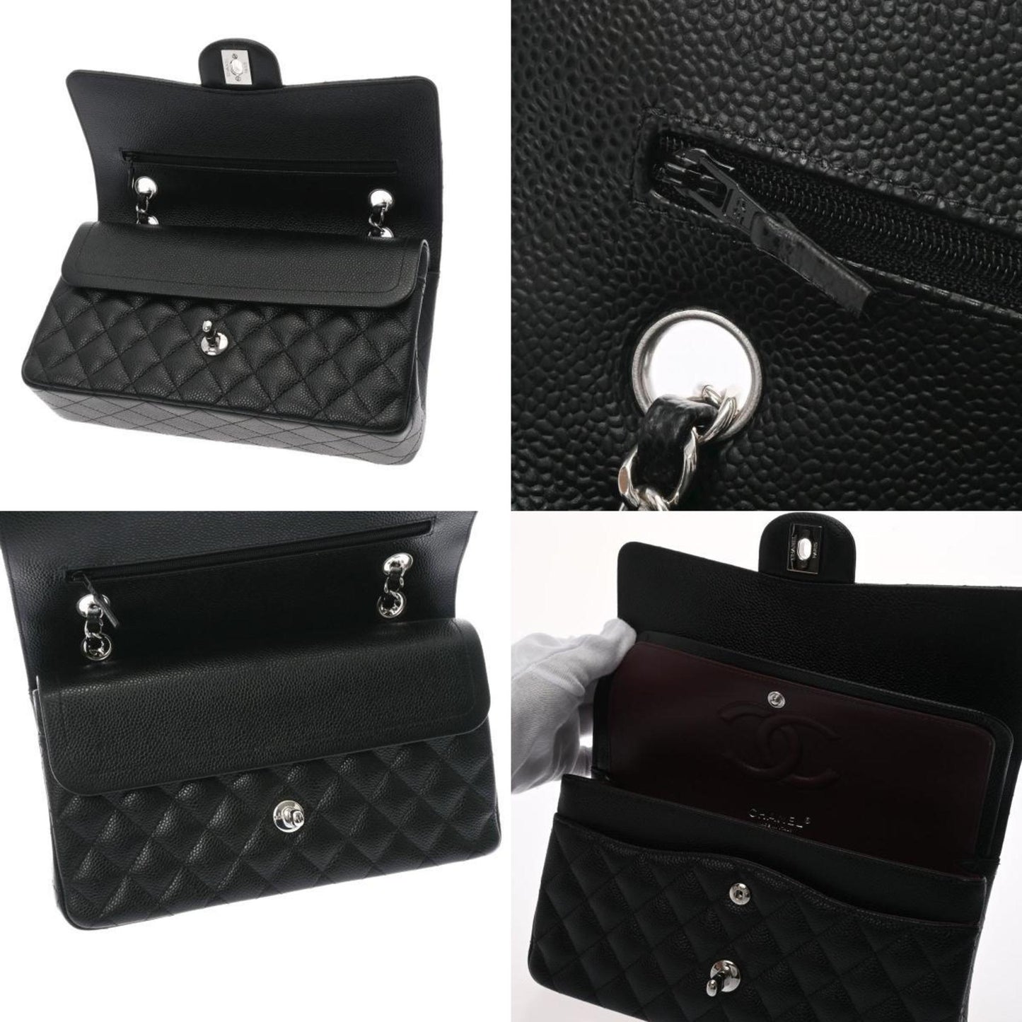 CHANEL matelasse W flap chain shoulder 25cm black A01112 ladies caviar skin bag