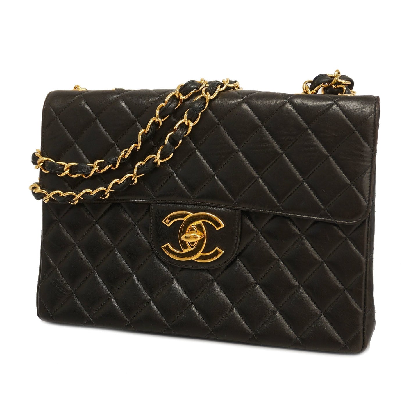 CHANELAuth  Big Matelasse W Chain Women's Leather Shoulder Bag Black