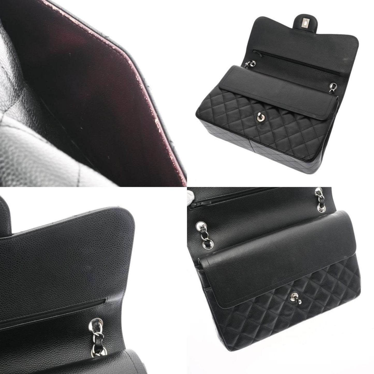 CHANEL matelasse double flap 30 black ladies caviar skin shoulder bag