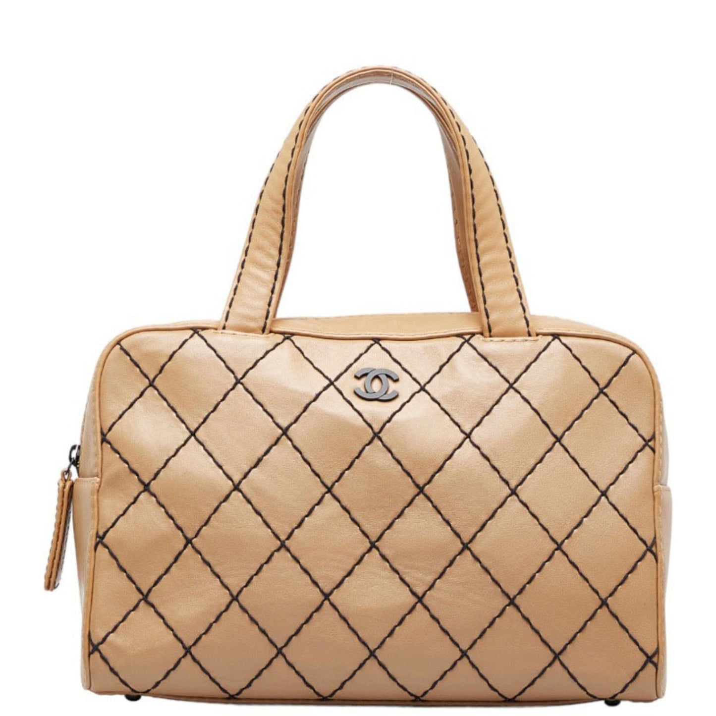 Luxury Chanel Wild Stitch Coco Mark Handbag Boston Bag Beige Black Leather Ladies