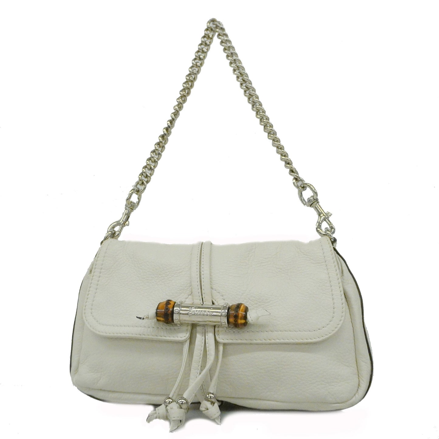 Luxury Gucci  Bamboo 235320 Women's Leather Shoulder Bag Ivory