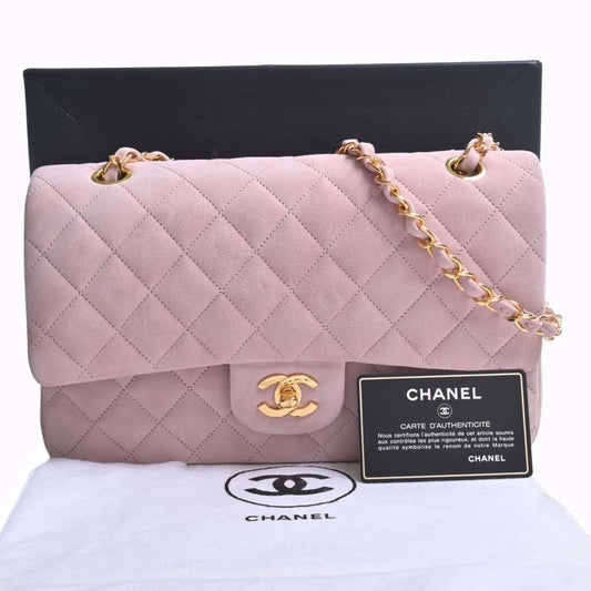 CHANEL Suede Matelasse Coco Mark W Flap Chain Shoulder Bag Pink Ladies