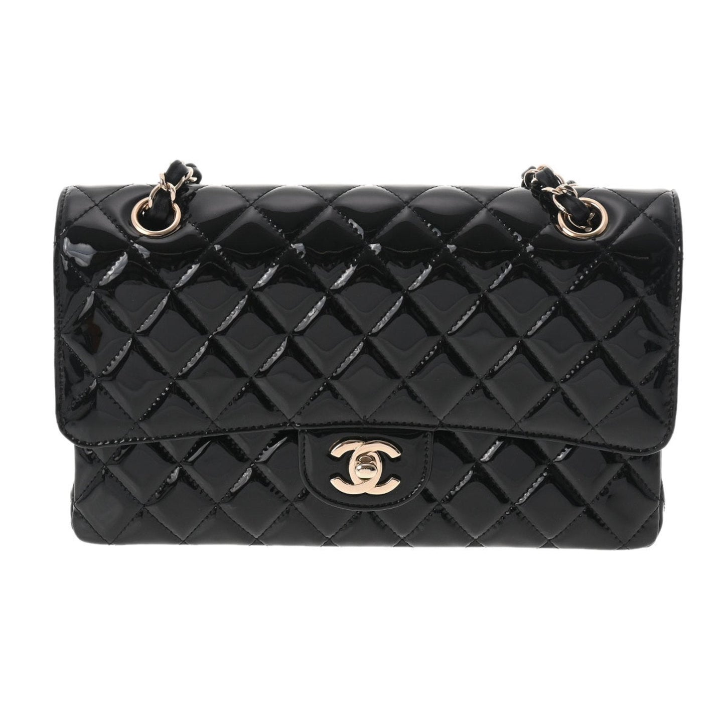 CHANEL matelasse W flap chain shoulder 25 black champagne ladies patent leather bag