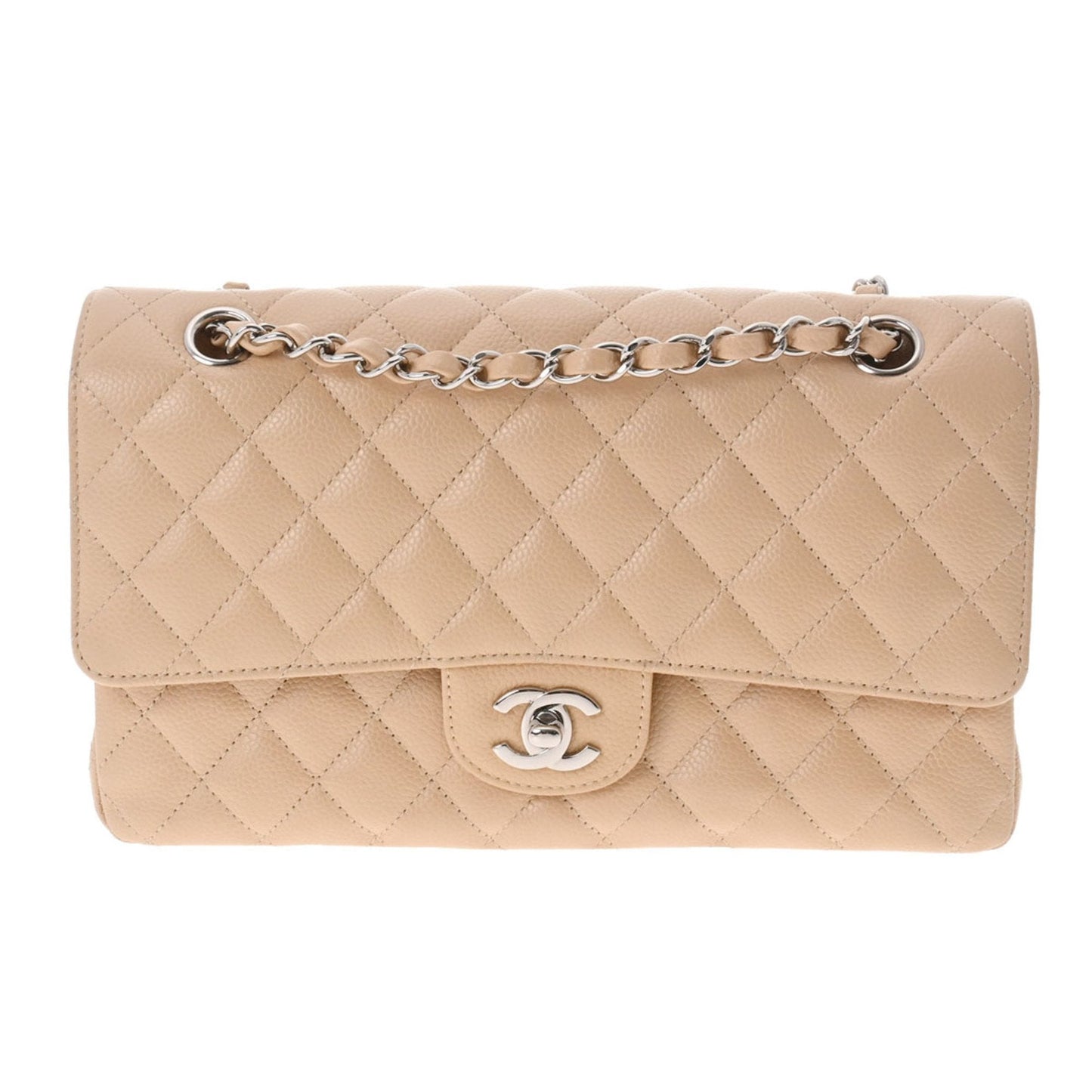 CHANEL matelasse W flap chain shoulder 25 beige A01112 ladies caviar skin bag