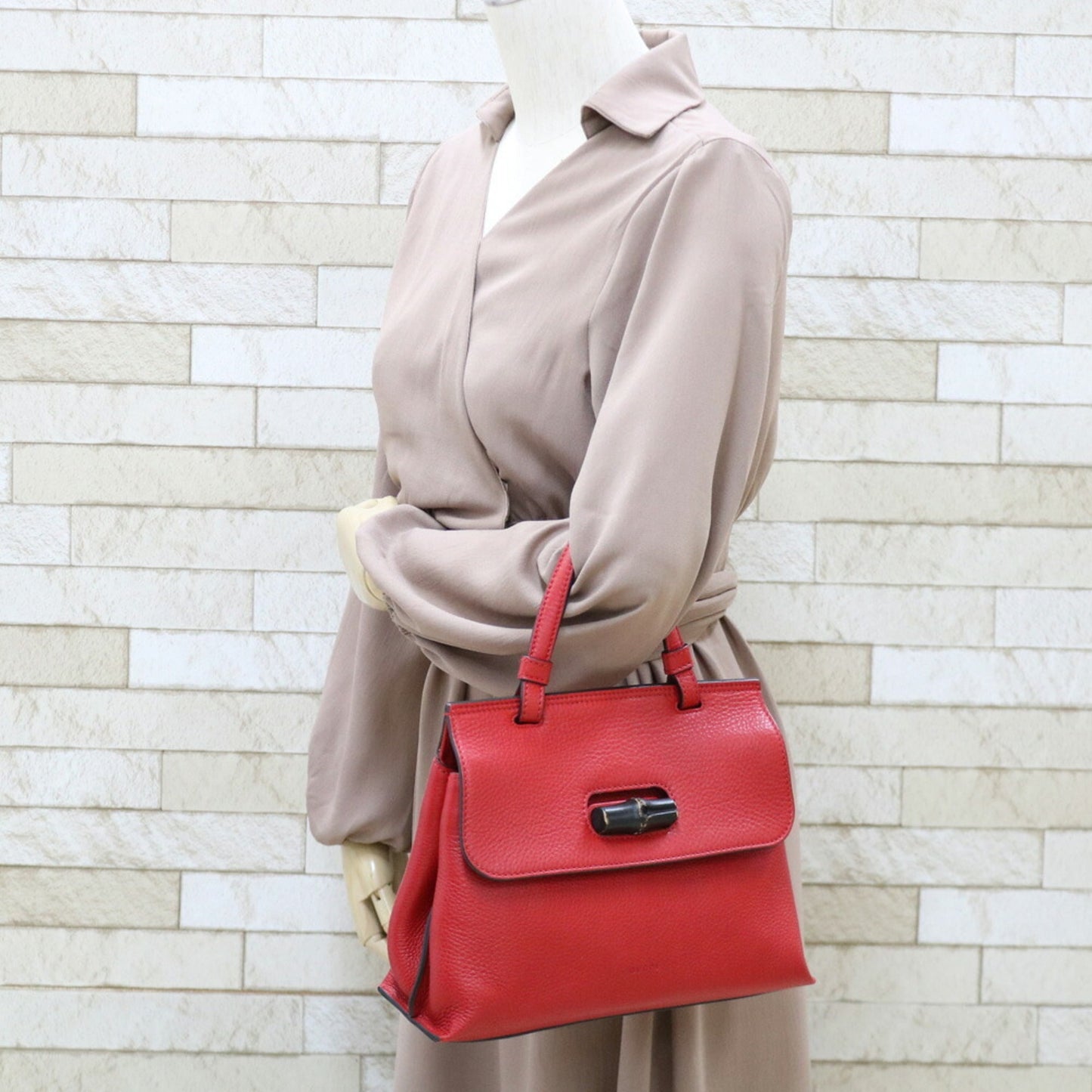 Luxury Gucci Shoulder Bag Bamboo Handbag Red Women's Leather