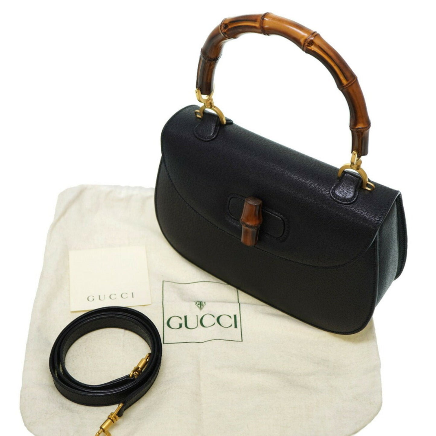 Luxury Gucci bamboo leather shoulder hand bag black with strap