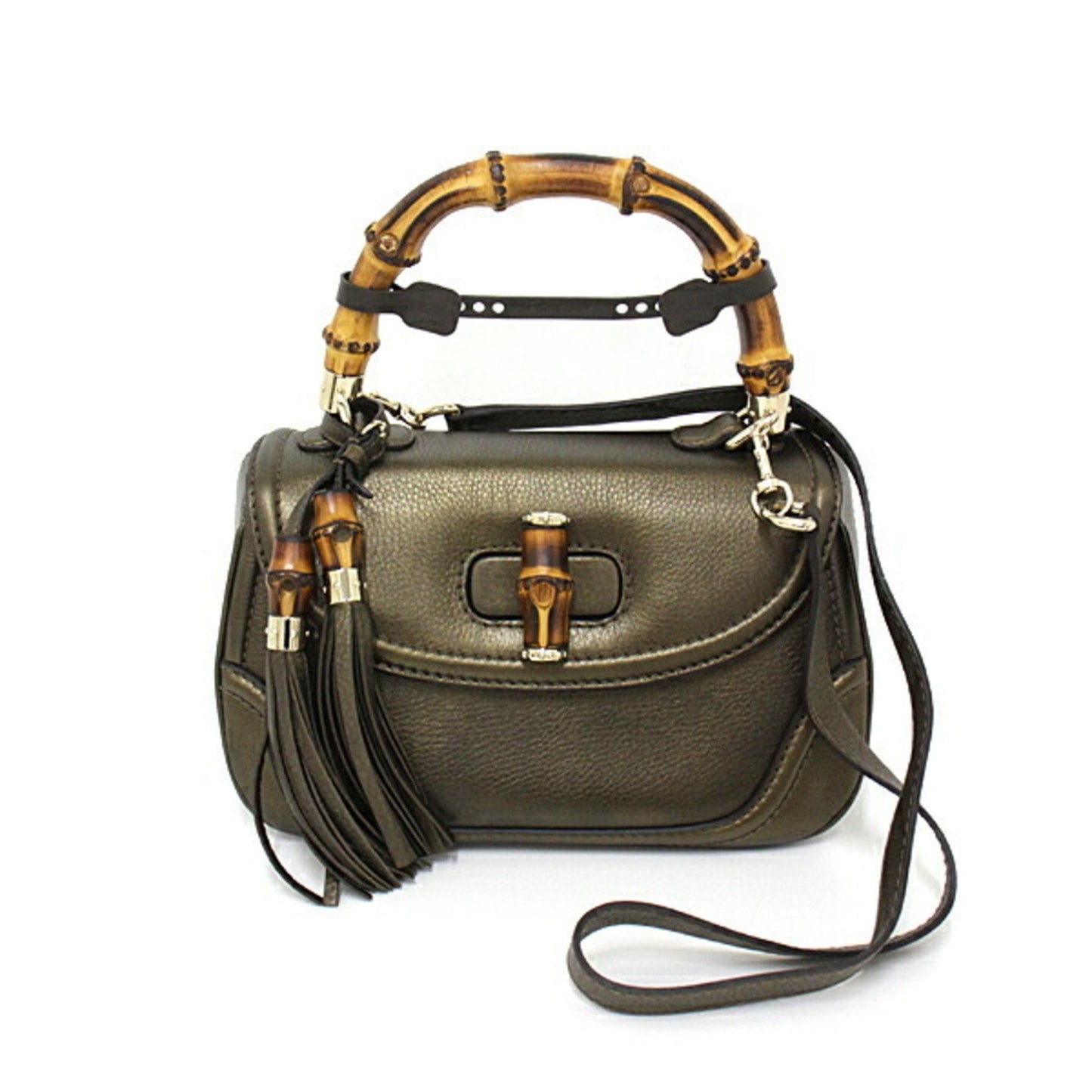 Luxury Gucci New Bamboo Handbag 254884 2WAY Shoulder Bag Tassel Leather Gold Metallic