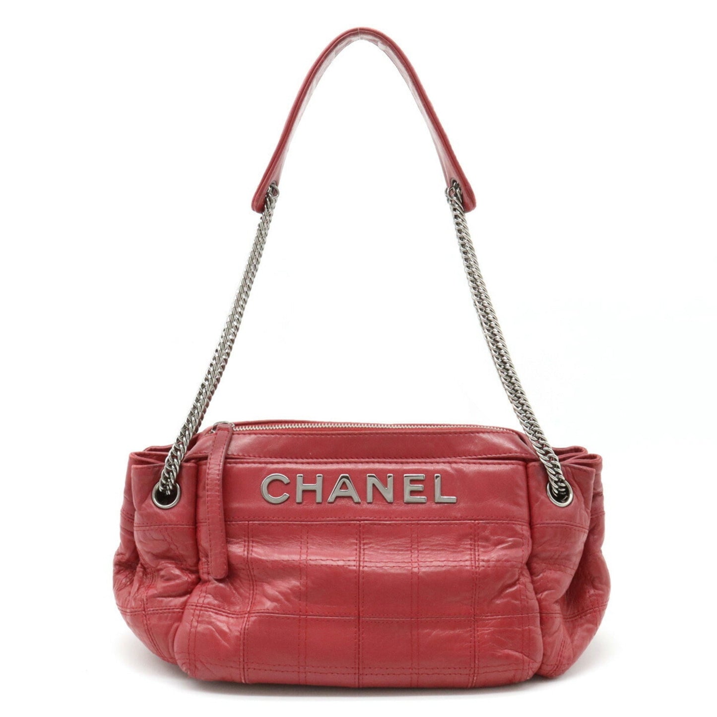 Luxury Chanel Chocolate Bar Chain Shoulder Bag Leather Rose Madder Pink Red
