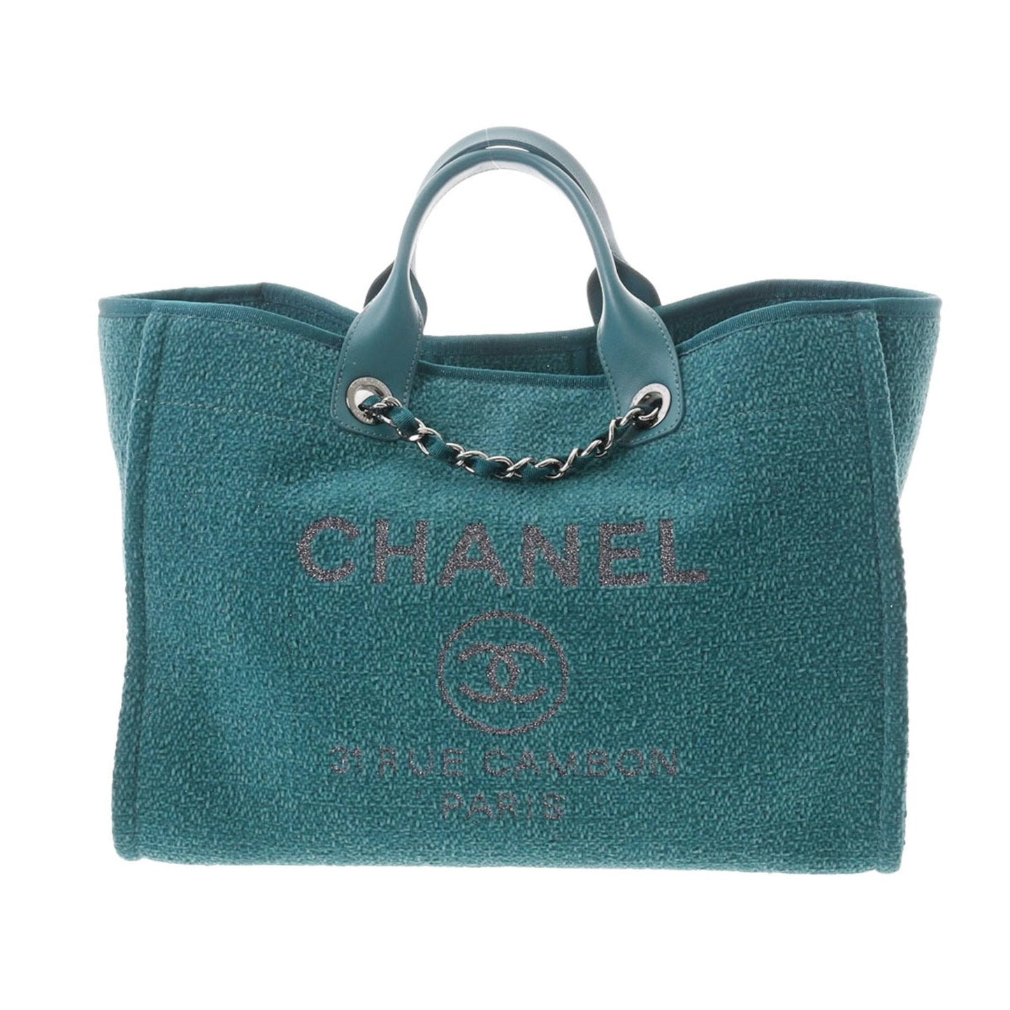 Luxury Chanel Deauville GM Blue Green Ladies Straw Leather Bag