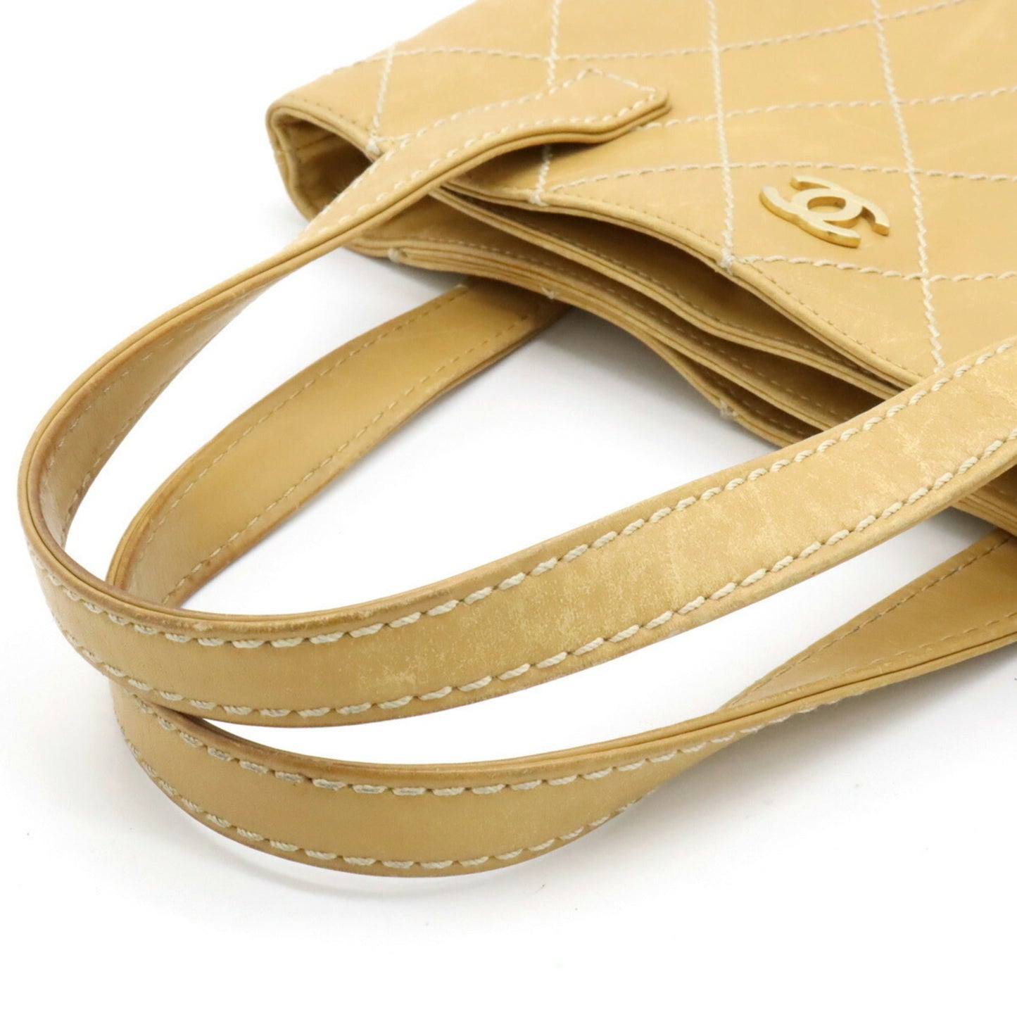 Luxury Chanel Wild Stitch Coco Mark Handbag Tote Bag Leather Beige A18126
