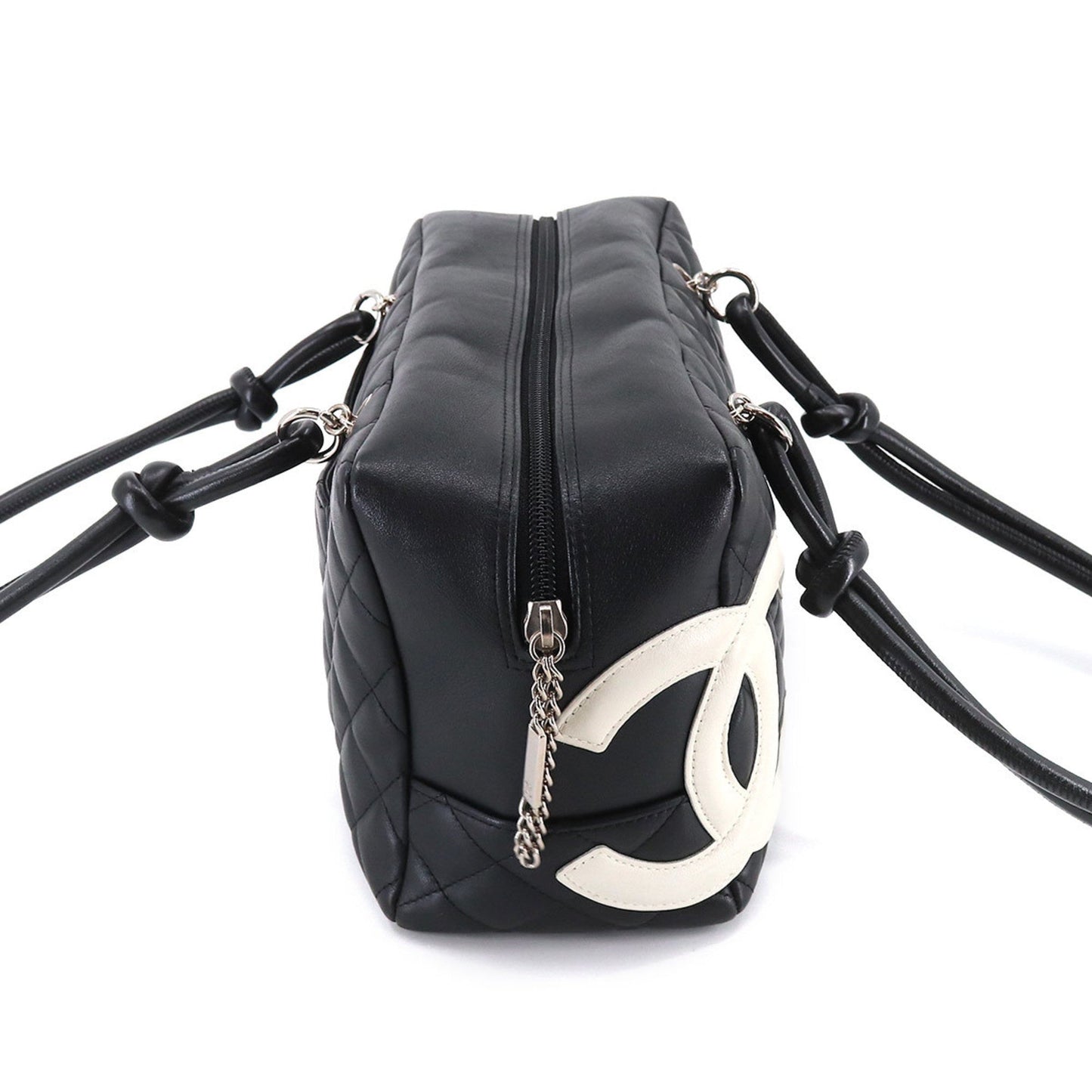 Luxury Chanel Cambon Line Bowling Shoulder Bag Leather Black White A25171