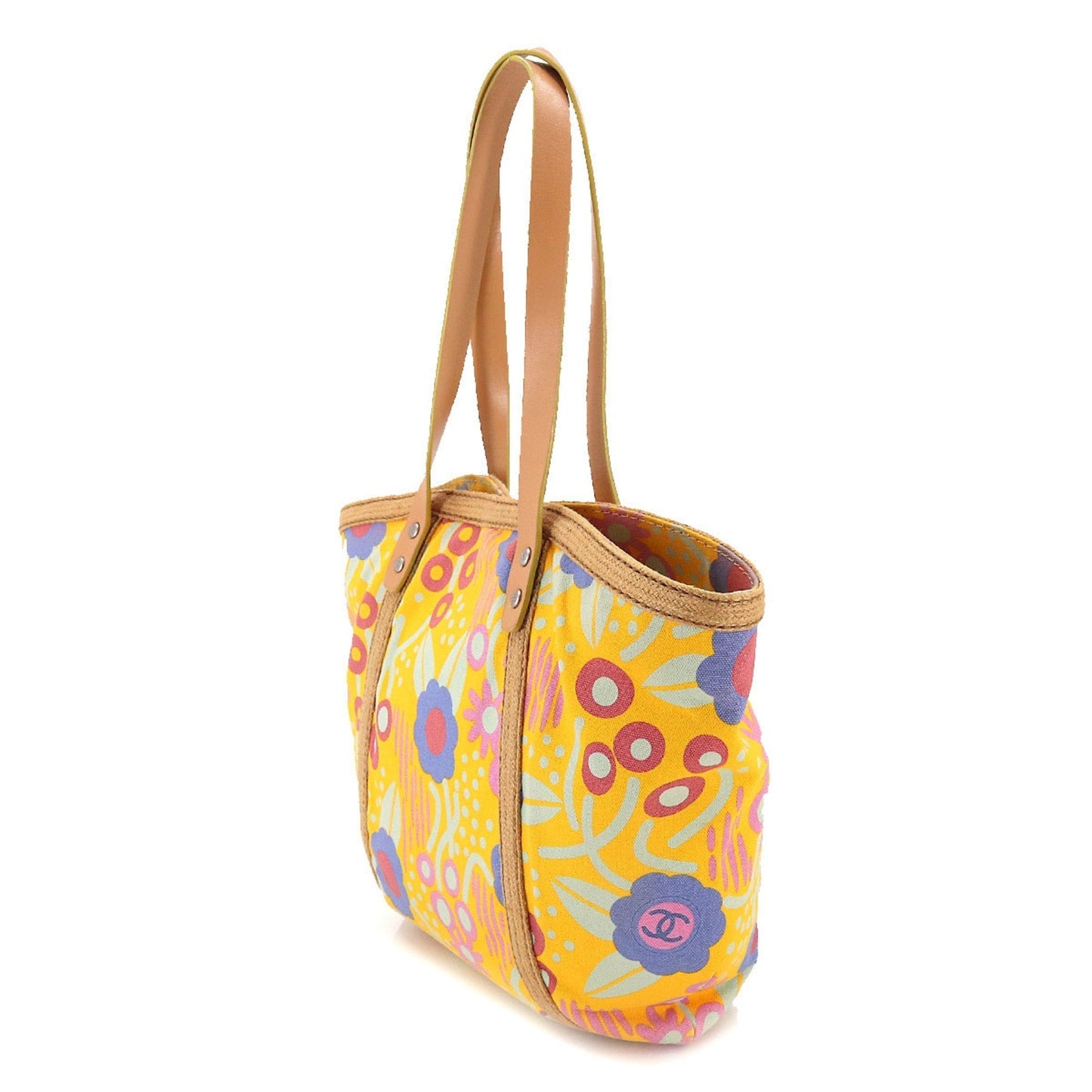 Luxury Chanel high summer flower print tote bag canvas leather yellow multicolor A22078 silver metal fittings Deauville MM
