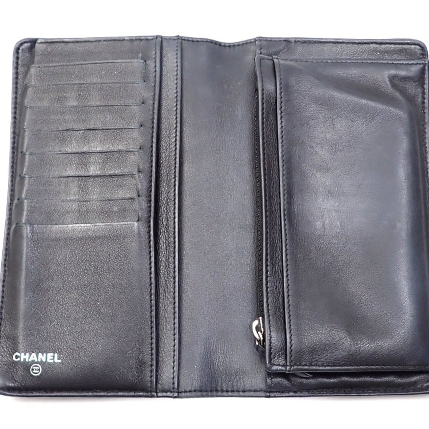 Luxury Chanel Bifold Long Wallet Women's Black Caviar Skin Coco Mark