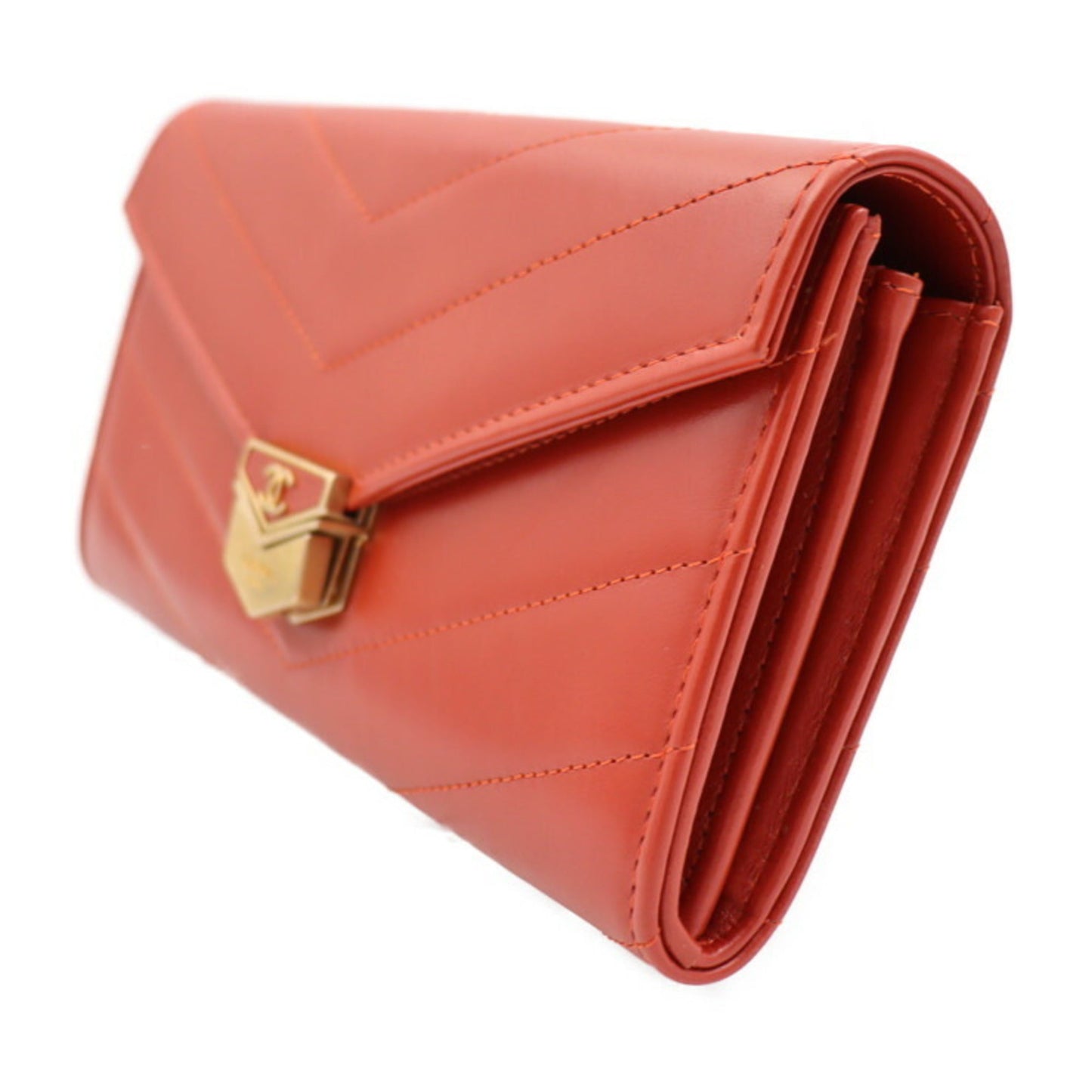 Luxury Chanel Chevron long wallet A81255 brick color gold metal fittings flap cover lid here mark