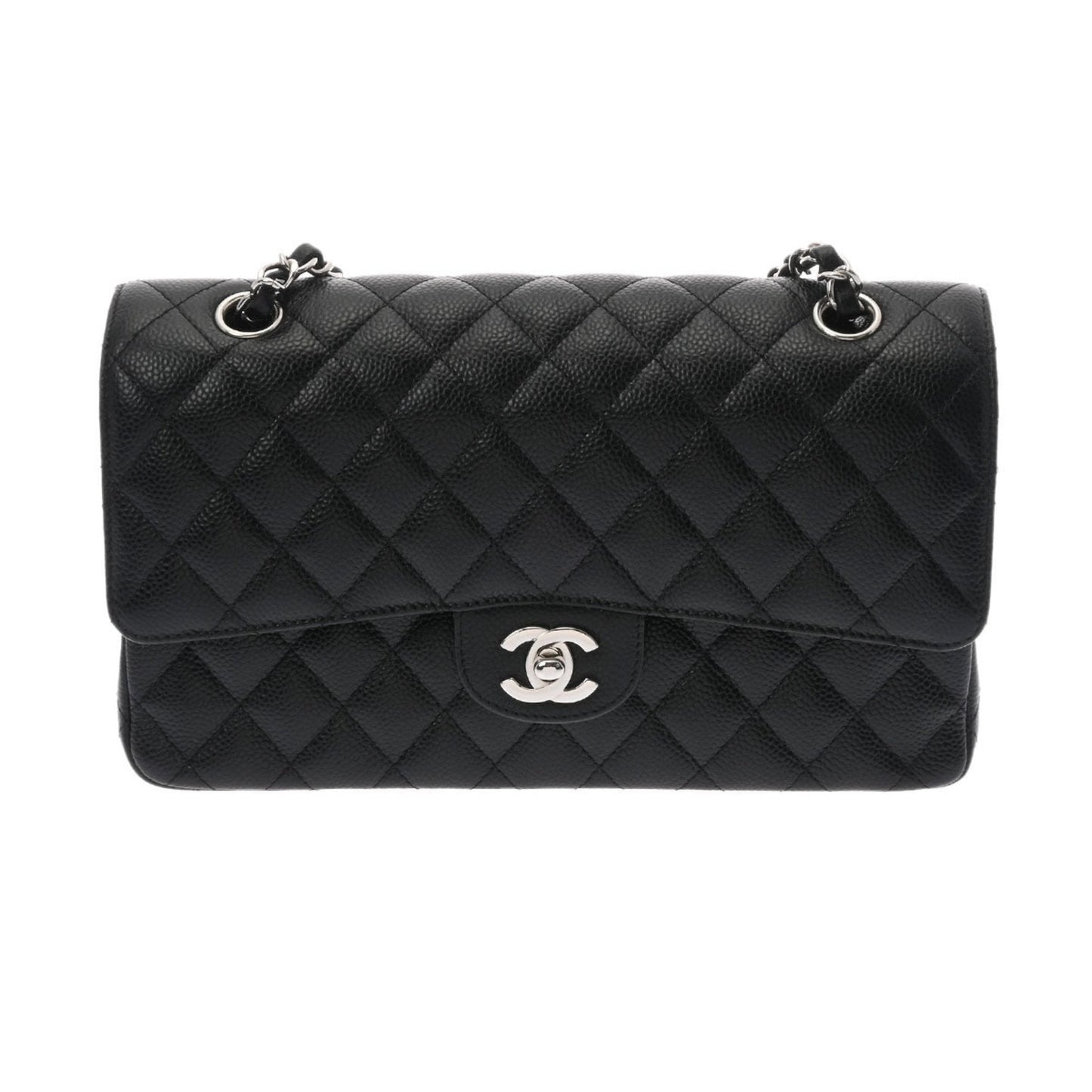 CHANEL matelasse W flap chain shoulder 25cm black A01112 ladies caviar skin bag