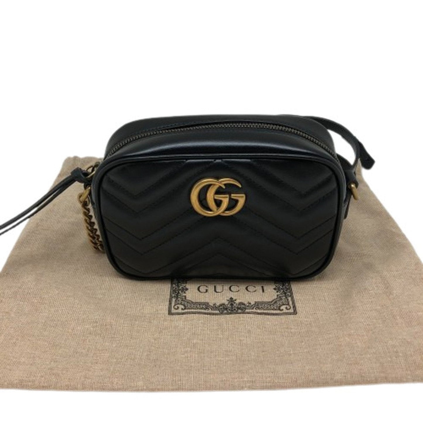 Luxury Gucci GG Marmont Chain Shoulder Bag Crossbody 448065 Leather Black Gold Hardware Women's
