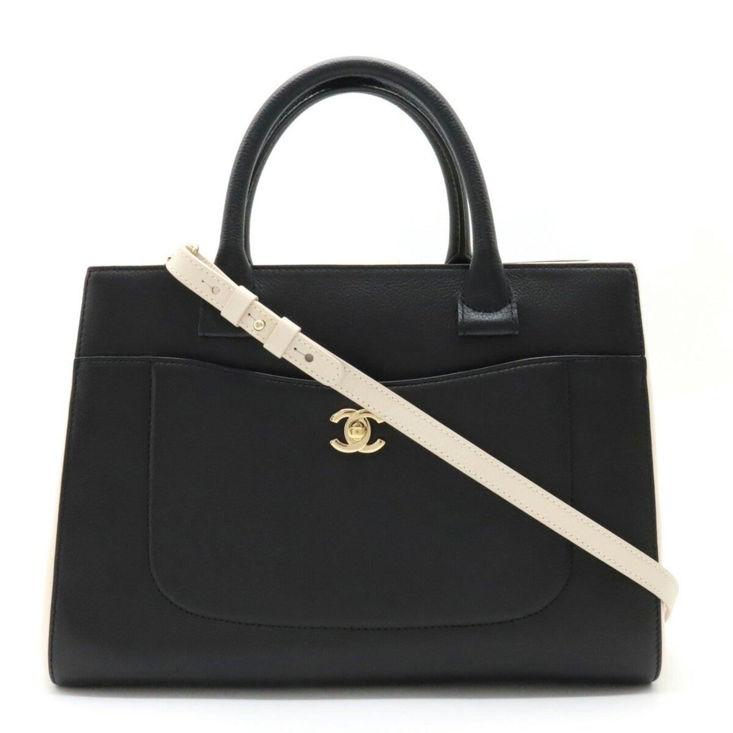 Luxury Chanel Neo Executive Line Coco Mark Handbag Shoulder Bag Leather Black Light Beige A69930