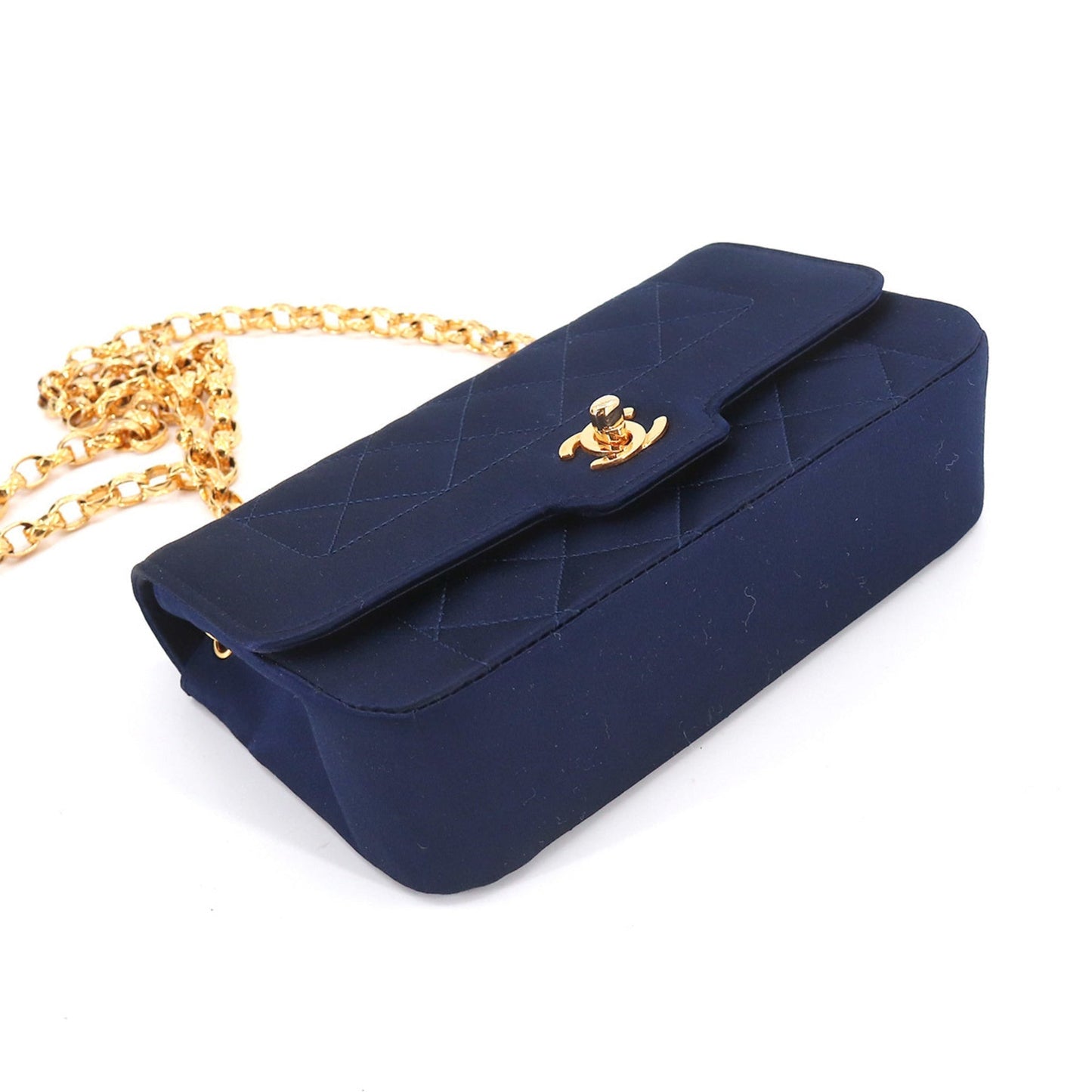 Luxury Chanel Matelasse Bijou Chain Shoulder Bag Satin Navy Gold Hardware Vintage