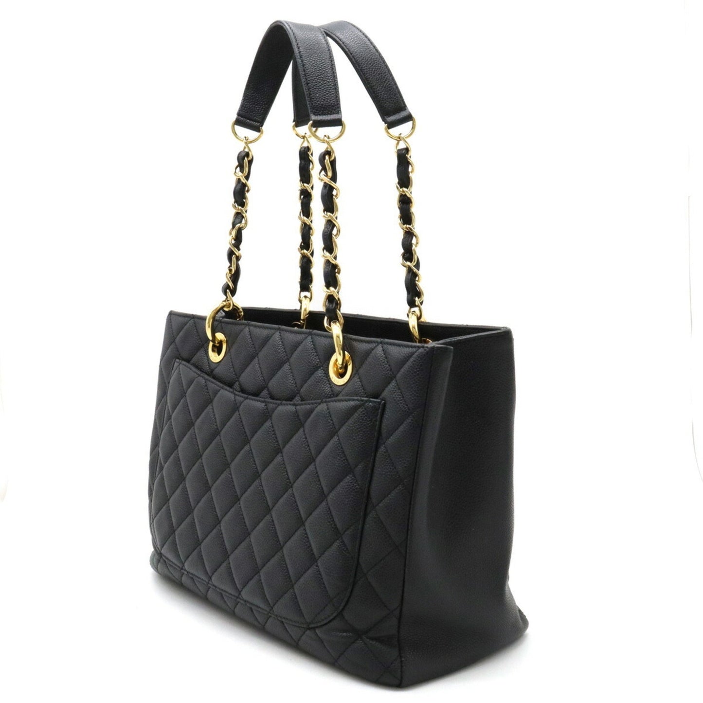 Luxury Chanel Matelasse Coco Mark Chain Tote Bag Shoulder Caviar Skin Leather Black A50995