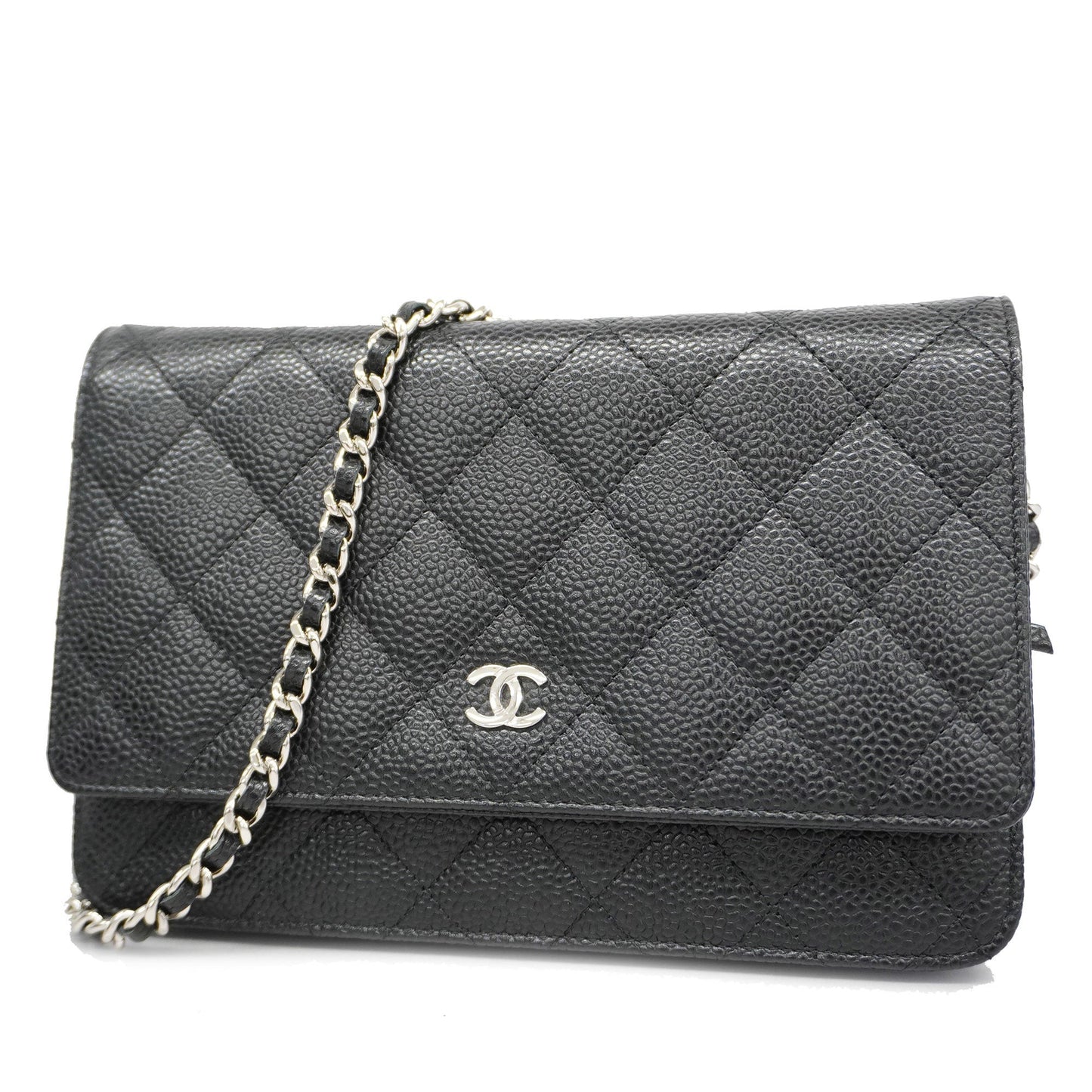 Luxury Chanel  Matelasse Silver Hardware Caviar Leather Chain/Shoulder Wallet Black